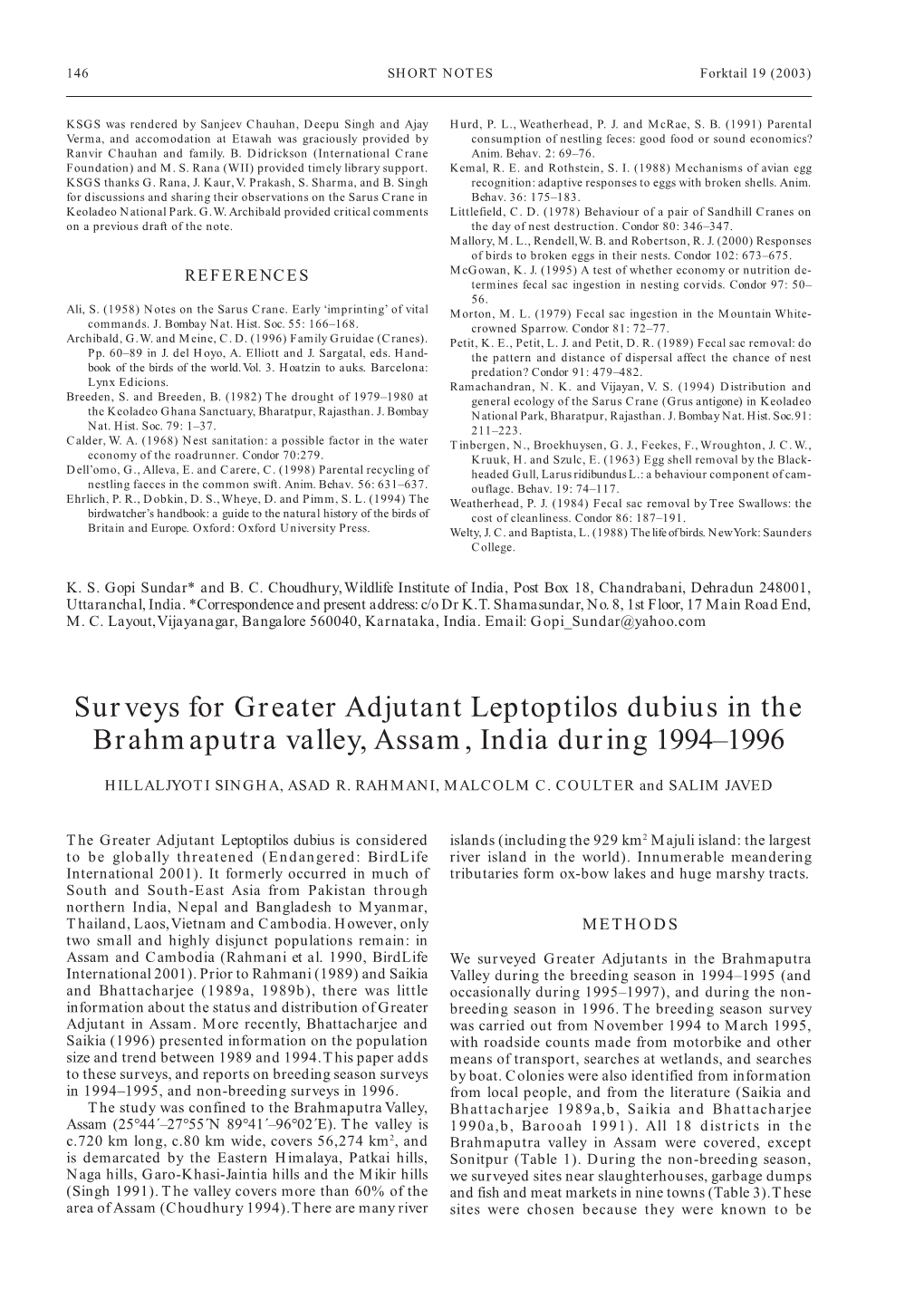 Surveys for Greater Adjutant Leptoptilos Dubius in the Brahmaputra Valley, Assam, India During 1994–1996