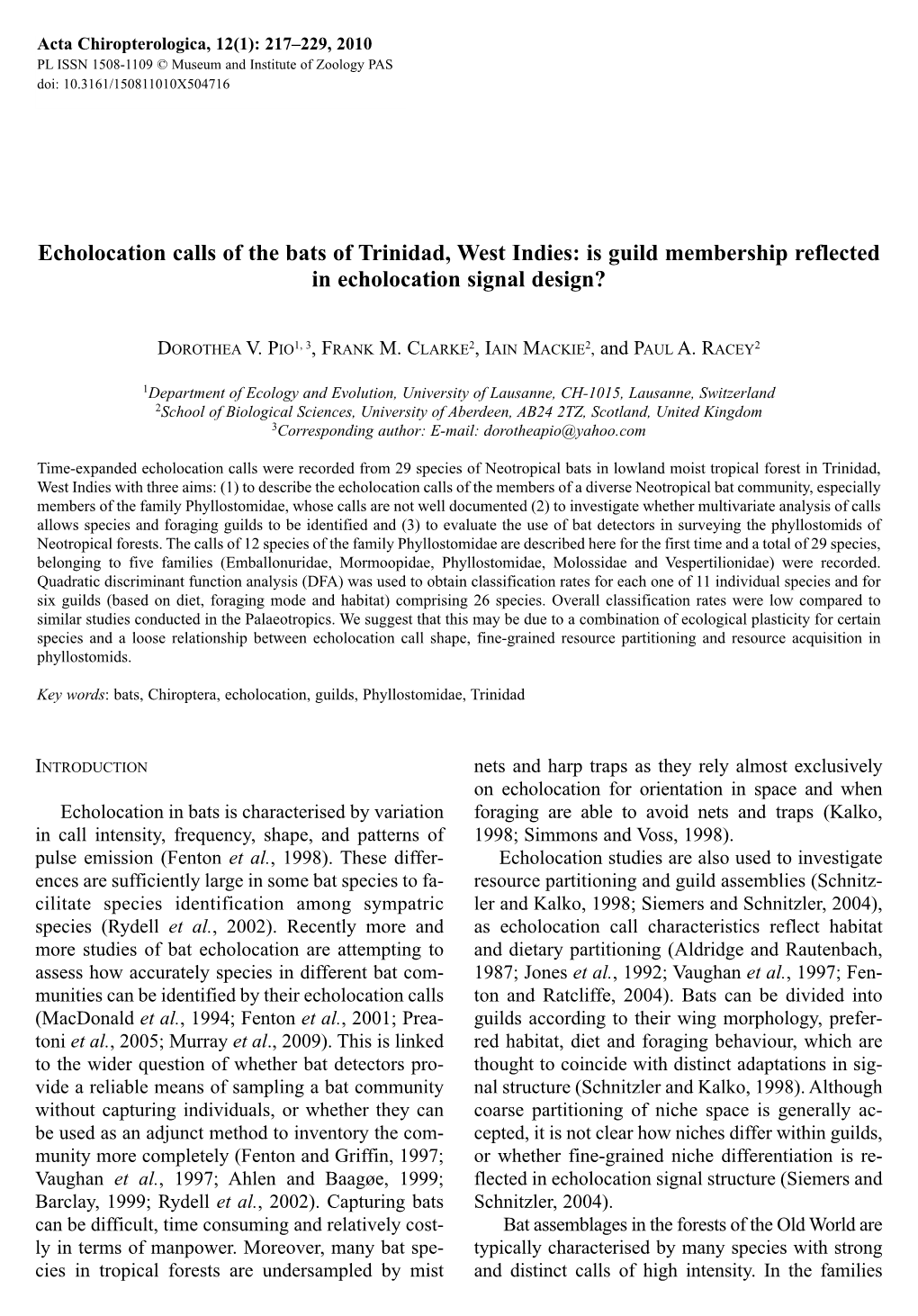 Echolocation Calls of the Bats of Trinidad, West Indies: Is Guild Membership Reflected in Echolocation Signal Design?