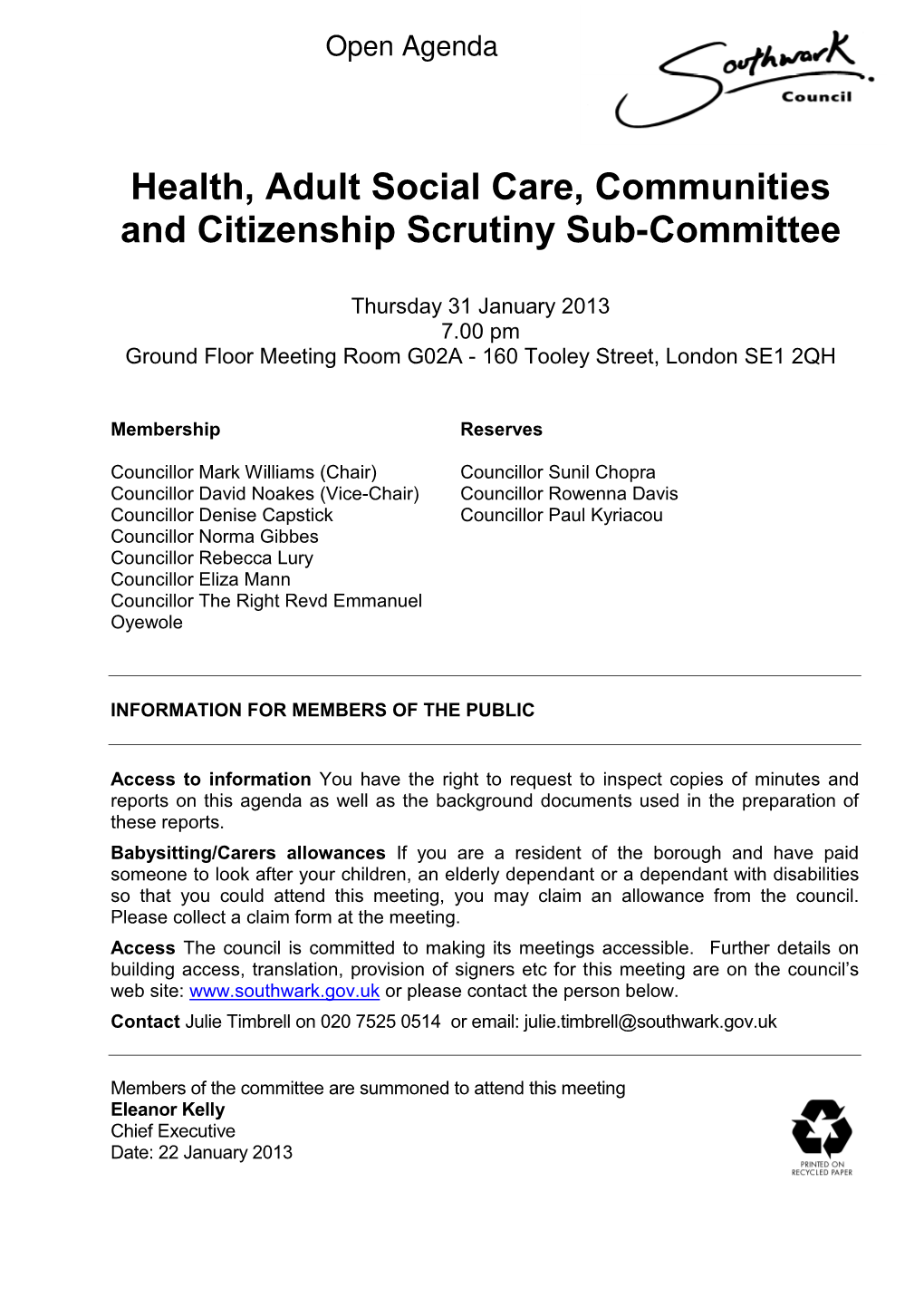 Health, Adult Social Care, Communities and Citizenship Scrutiny Sub-Committee