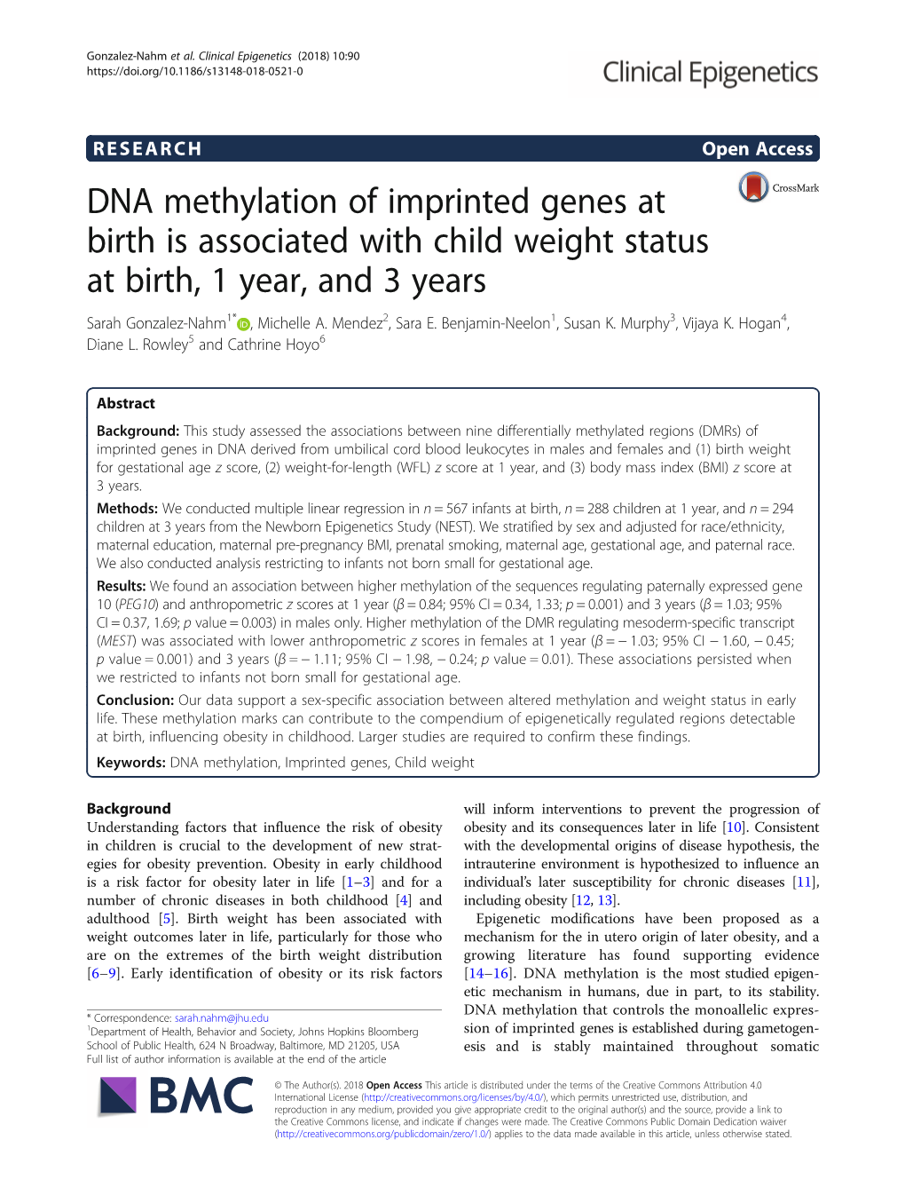 DNA Methylation of Imprinted Genes at Birth Is Associated with Child Weight Status at Birth, 1 Year, and 3 Years Sarah Gonzalez-Nahm1* , Michelle A