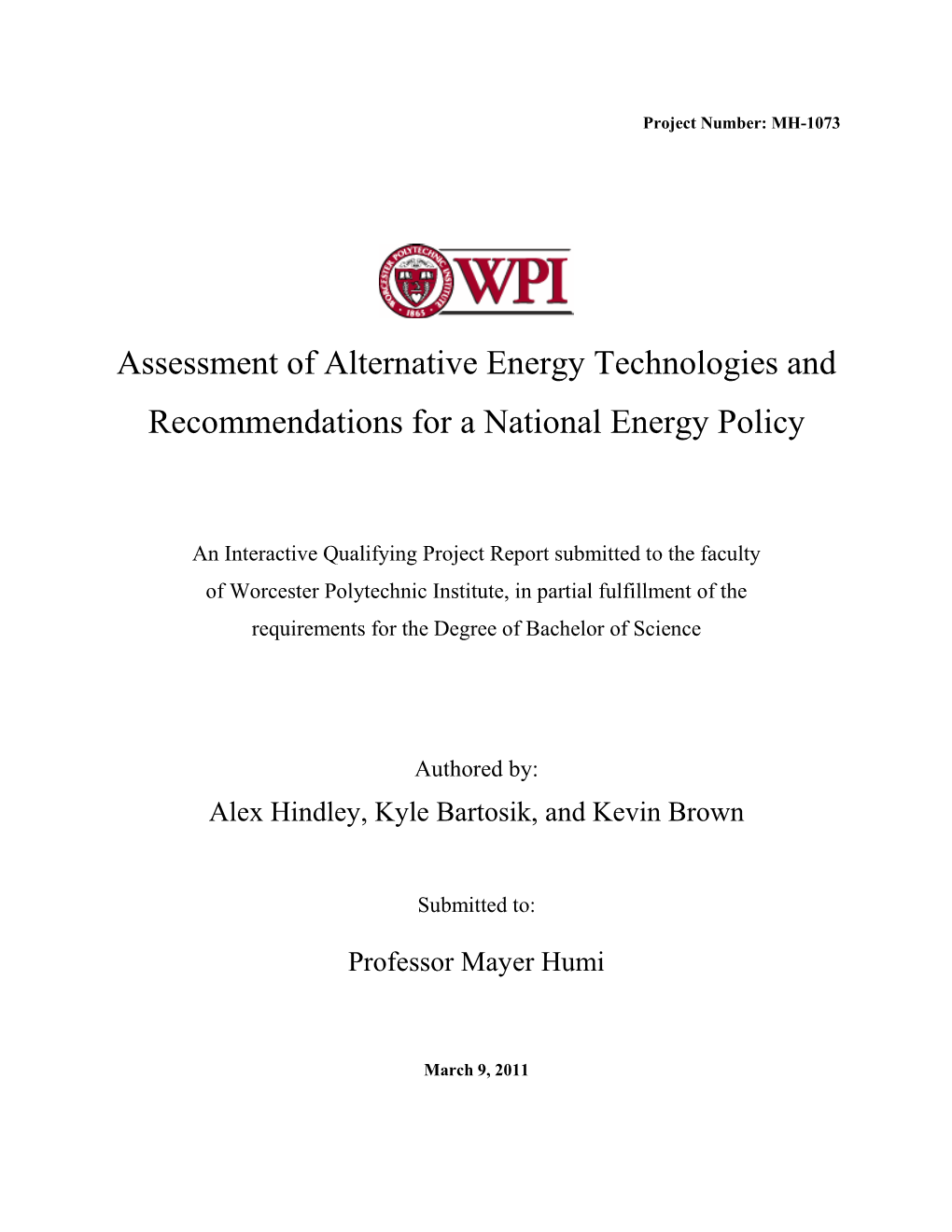 Assessment of Alternative Energy Technologies and Recommendations for a National Energy Policy