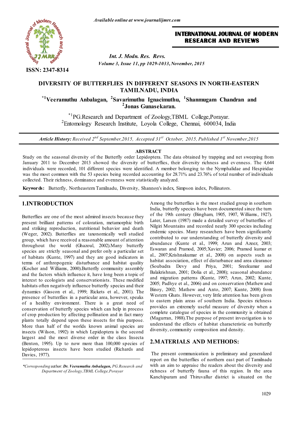 Original Article Diversity of Butterflies in Different Seasons in North-Eastern Tamilnadu, India