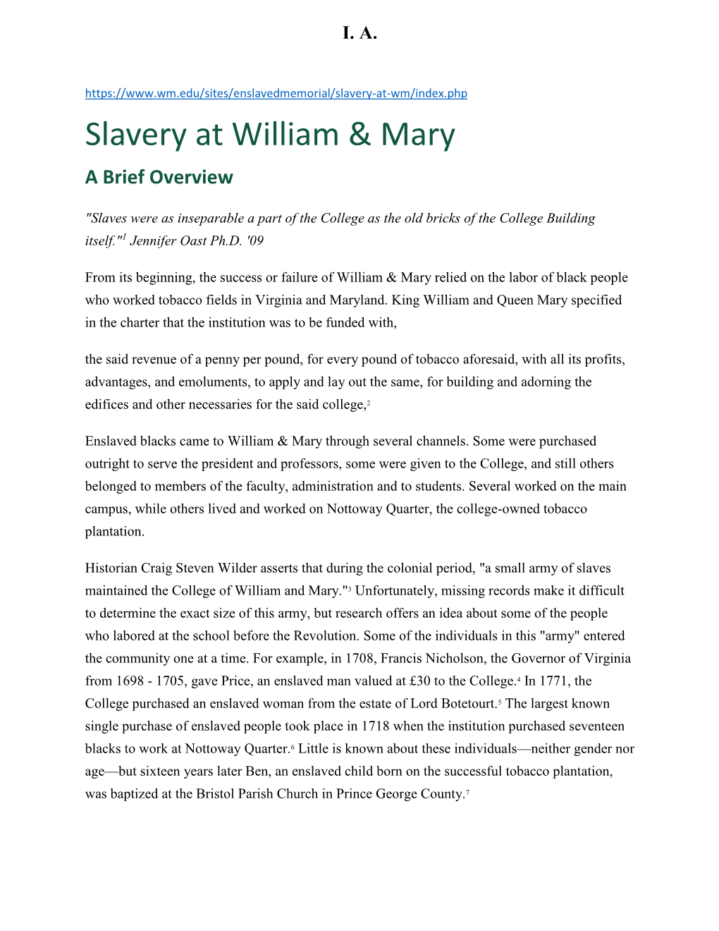 Slavery at William & Mary