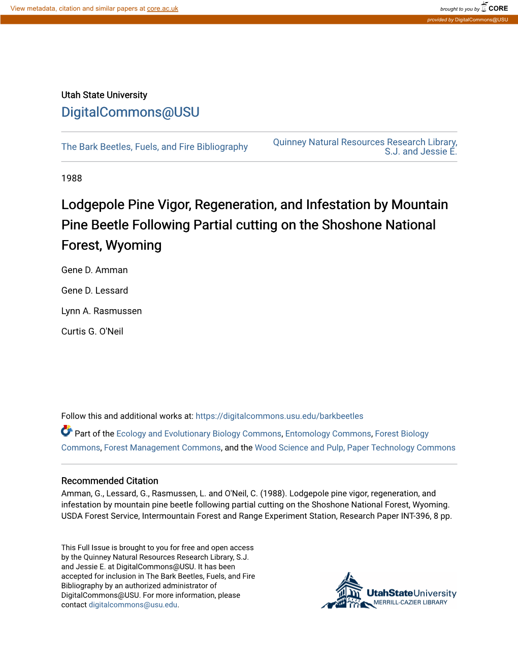 Lodgepole Pine Vigor, Regeneration, and Infestation by Mountain Pine Beetle Following Partial Cutting on the Shoshone National Forest, Wyoming