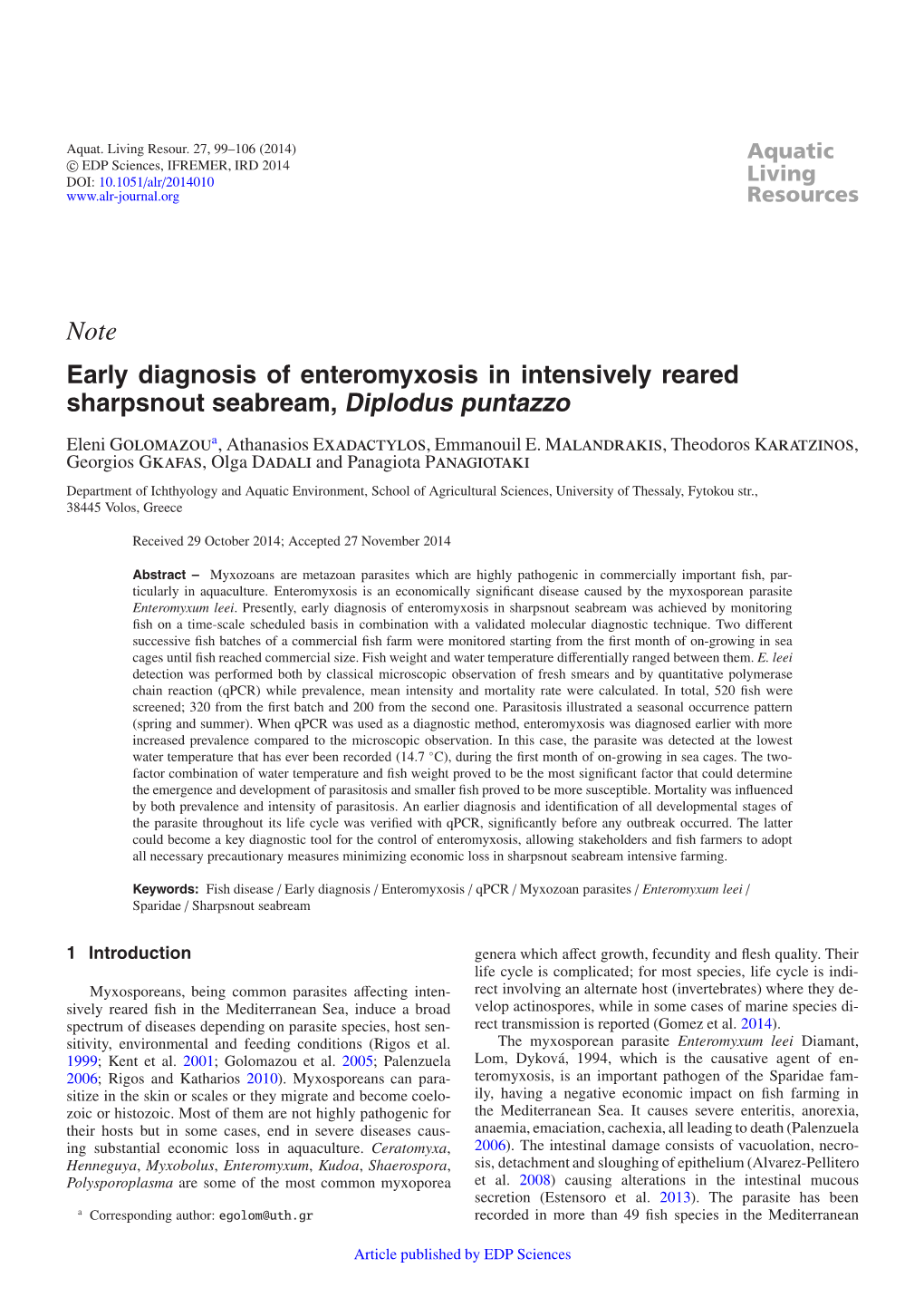 Early Diagnosis of Enteromyxosis in Intensively Reared Sharpsnout Seabream, Diplodus Puntazzo
