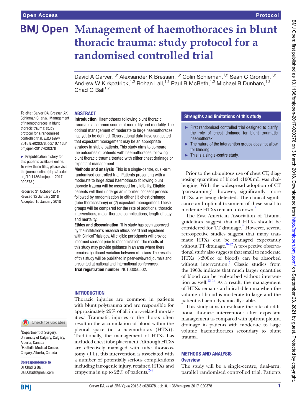 Management of Haemothoraces in Blunt Thoracic Trauma: Study Protocol for a Randomised Controlled Trial