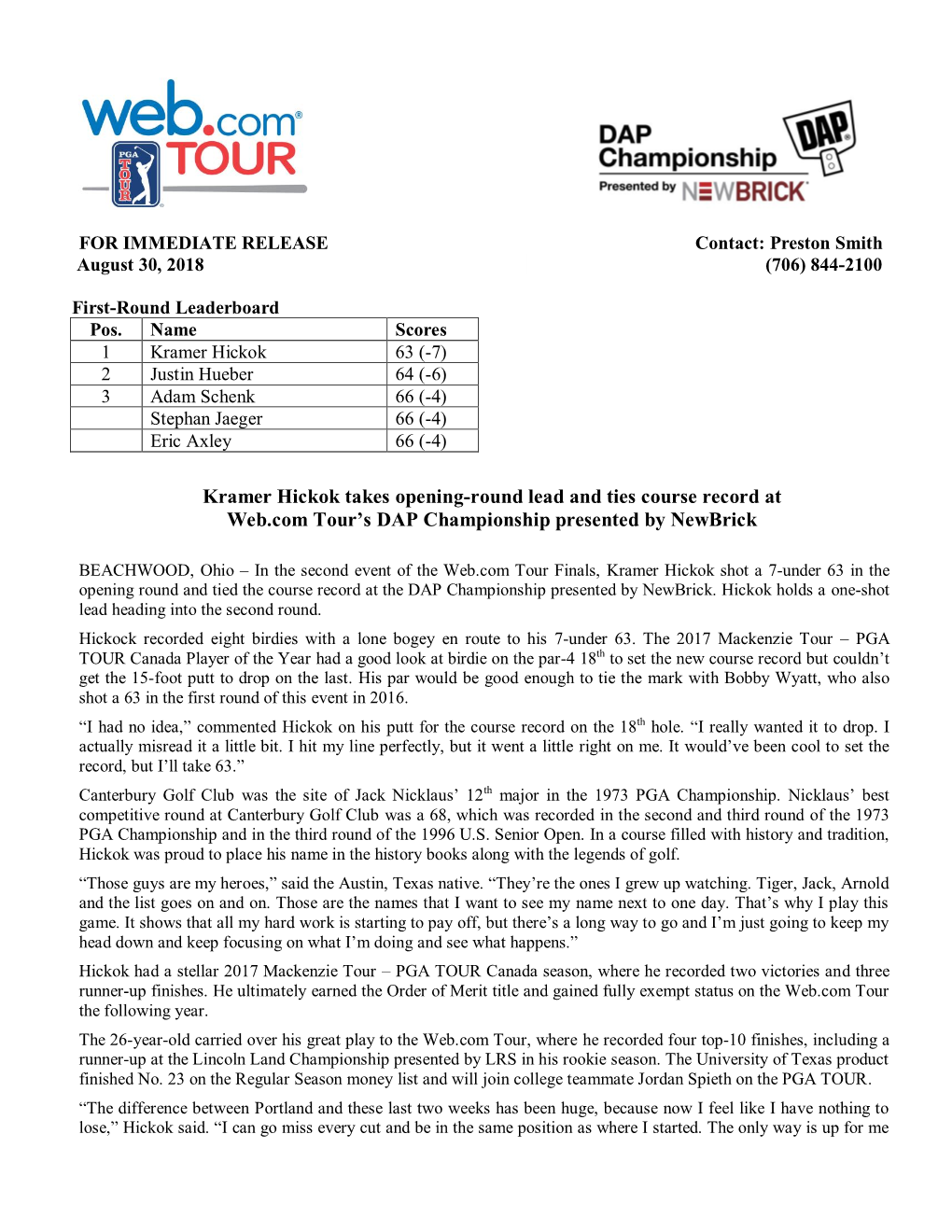 Kramer Hickok Takes Opening-Round Lead and Ties Course Record at Web.Com Tour’S DAP Championship Presented by Newbrick