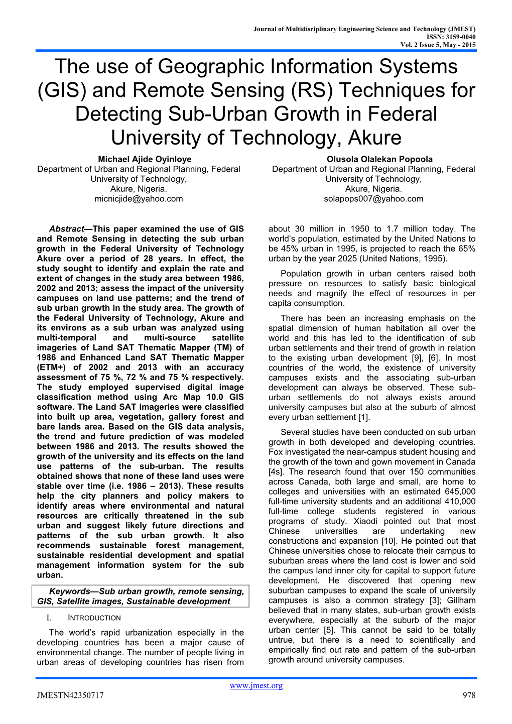 (GIS) and Remote Sensing (RS) Techniques for Detecting Sub-Urban Growth in Federal