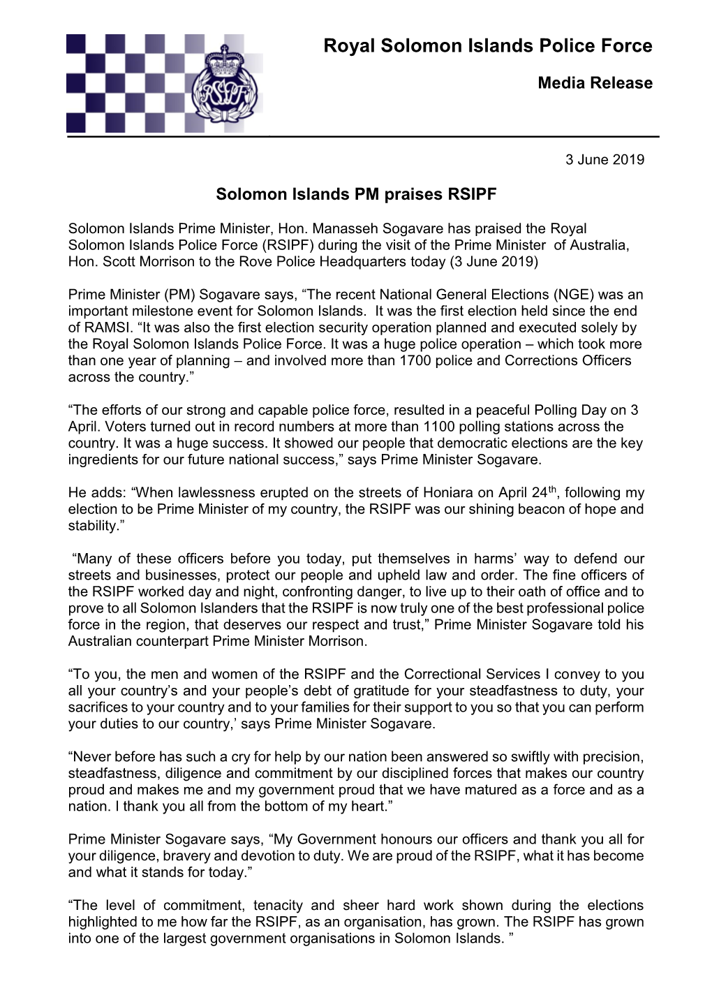 20190603-Media Release- Solomon Islands PM Praises RSIPF