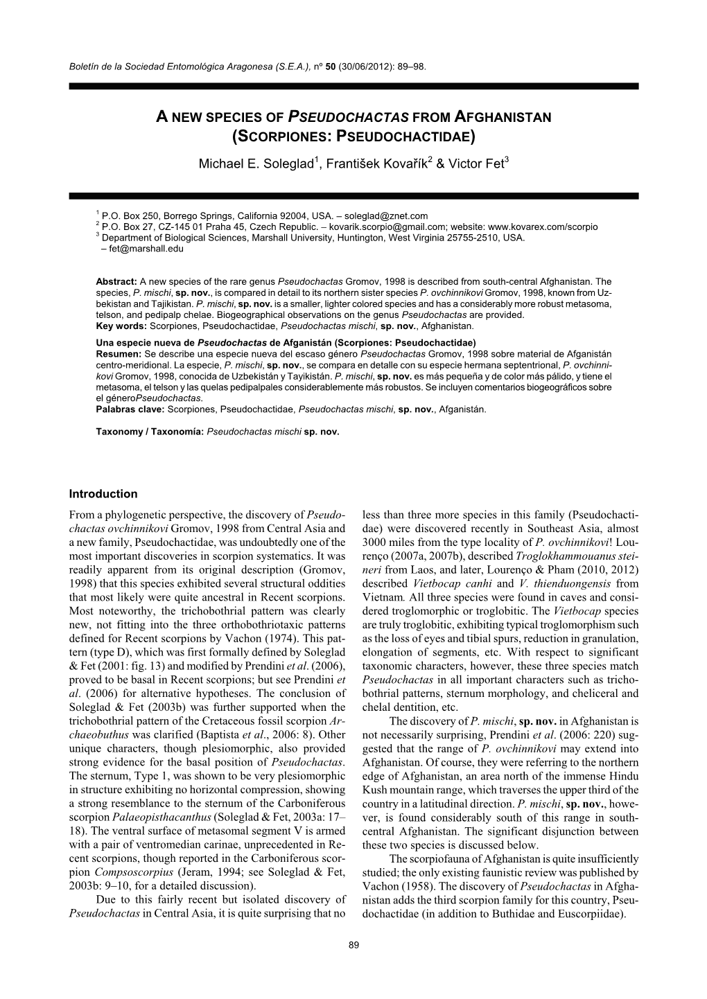 A New Species of Pseudochactas from Afghanistan (Scorpiones: Pseudochactidae)