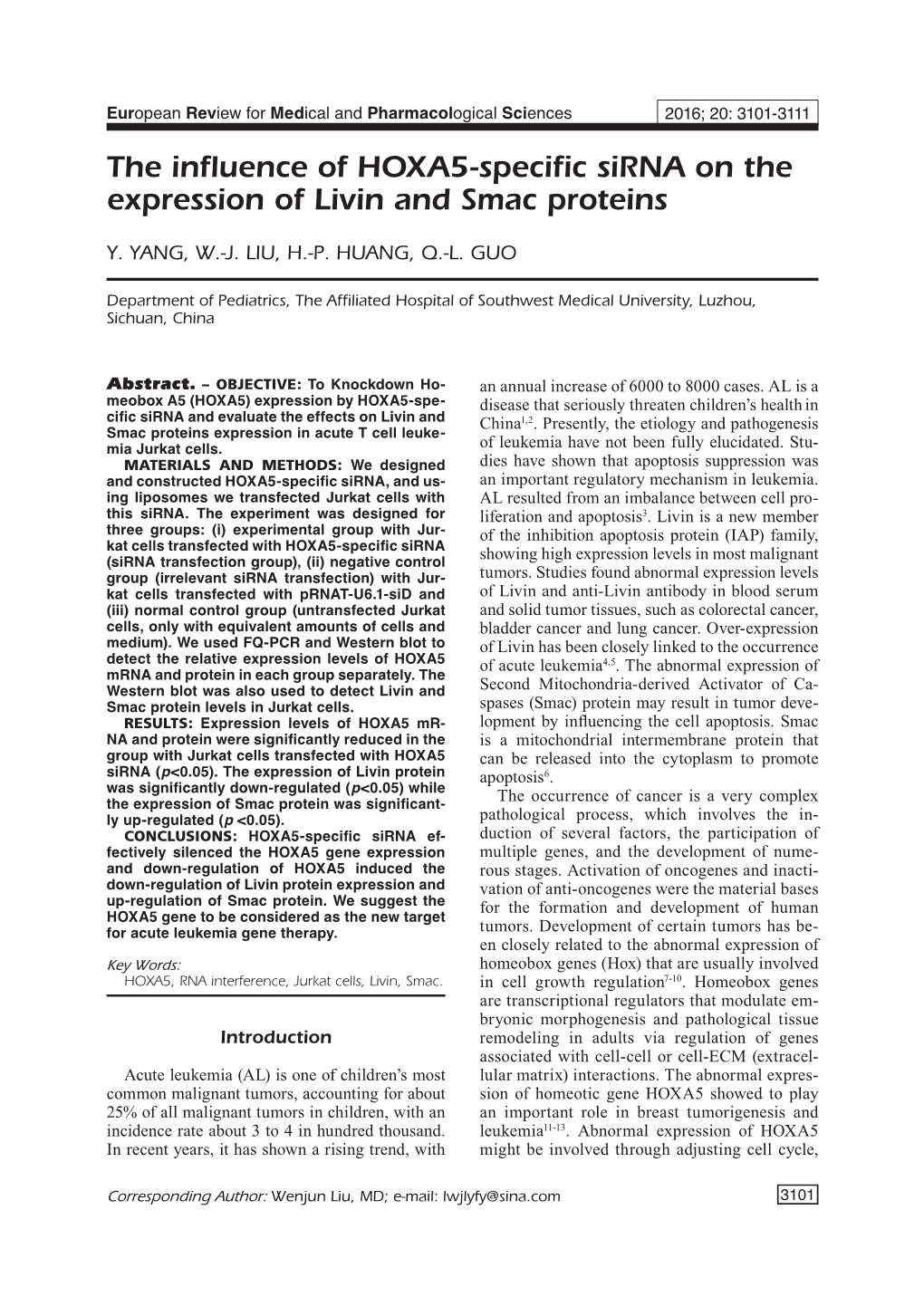 3101-3111-The Influence of HOXA5-Specific Sirna on The