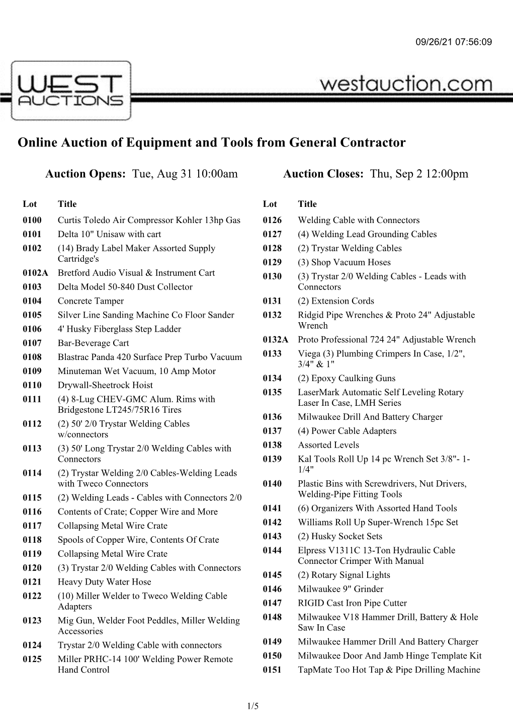 Online Auction of Equipment and Tools from General Contractor