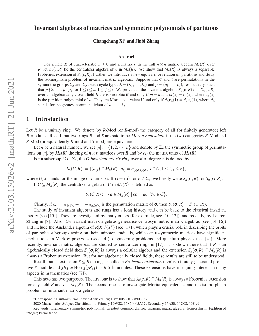 Arxiv:2103.15026V2 [Math.RT] 21 Jun 2021 Nee;Permutation Integer; Set Nmteais(E [7])