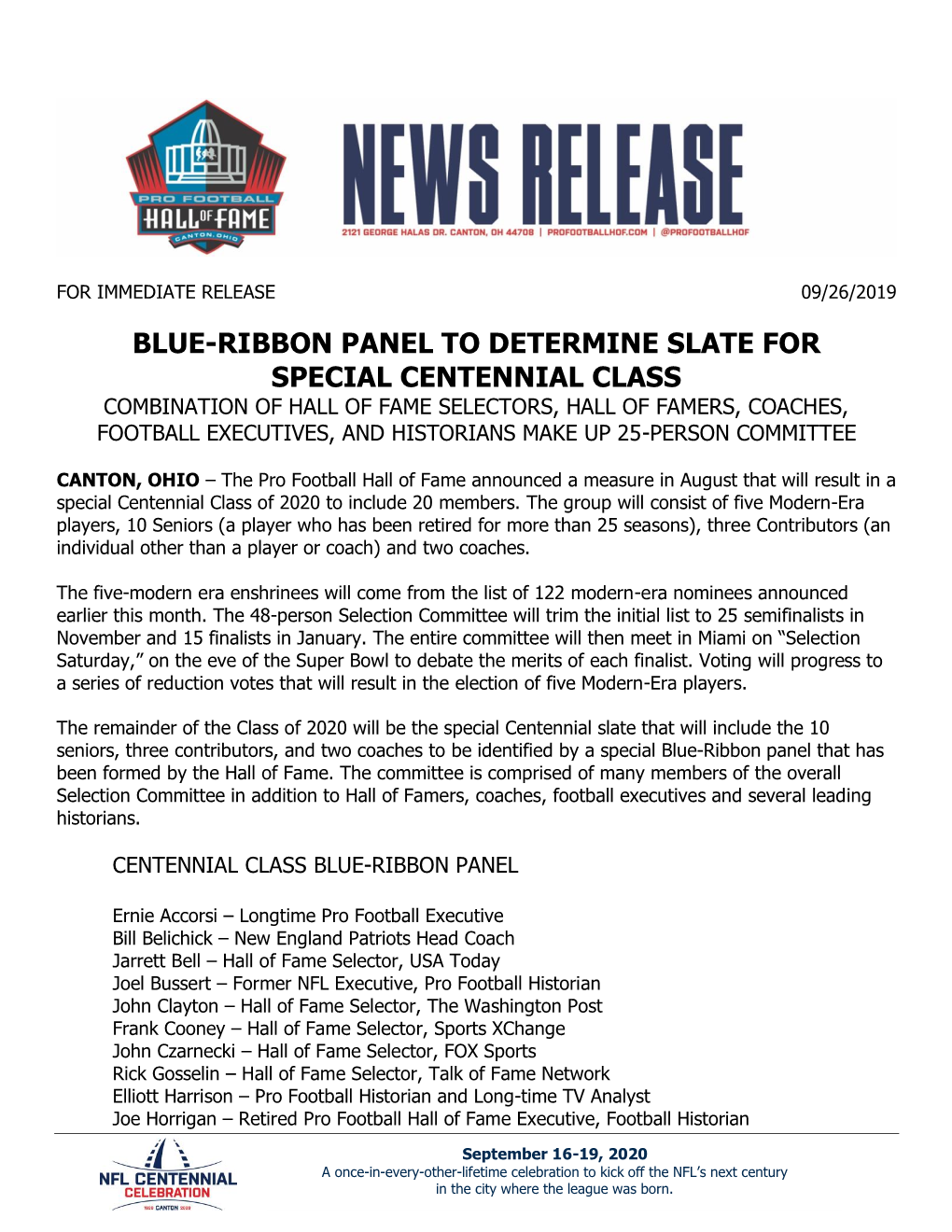 Blue-Ribbon Panel to Determine Slate for Special Centennial Class