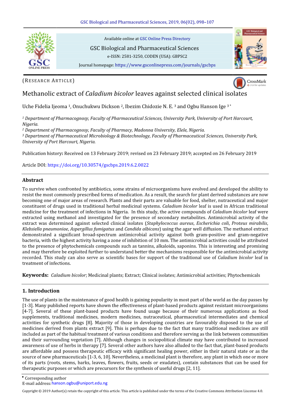 Methanolic Extract of Caladium Bicolor Leaves Against Selected Clinical Isolates