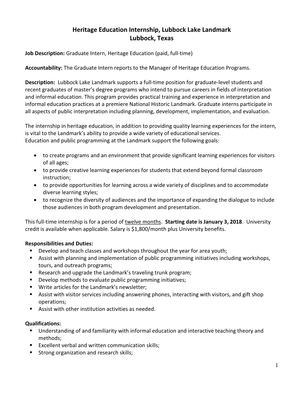 Heritage Education Internship, Lubbock Lake Landmark Lubbock, Texas