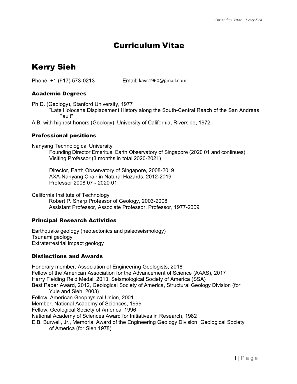 Curriculum Vitae Kerry Sieh