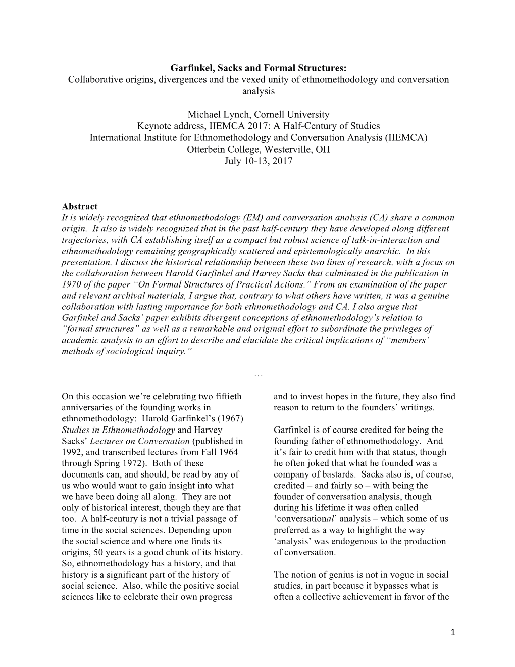 1 Garfinkel, Sacks and Formal Structures