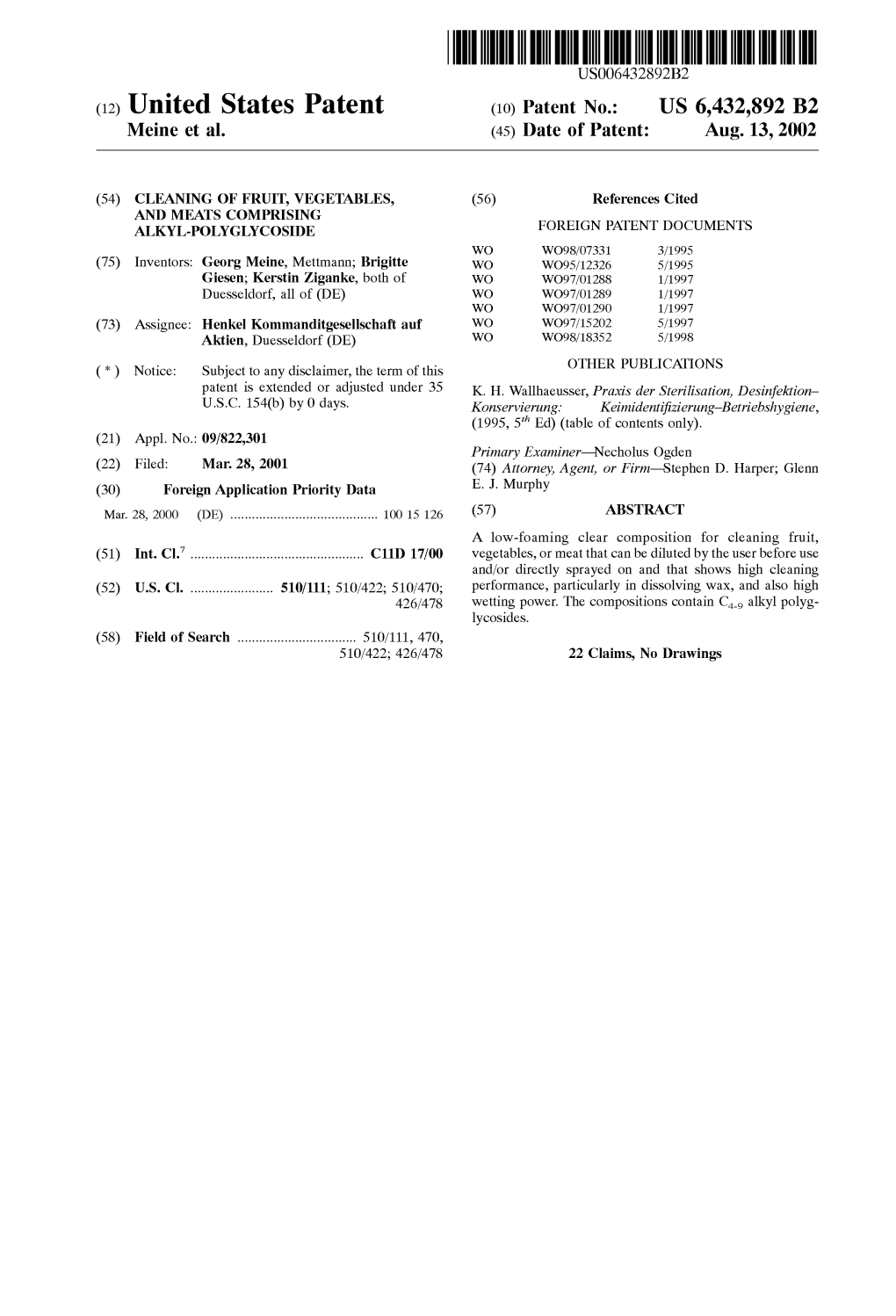 (12) United States Patent (10) Patent No.: US 6,432,892 B2 Meine Et Al