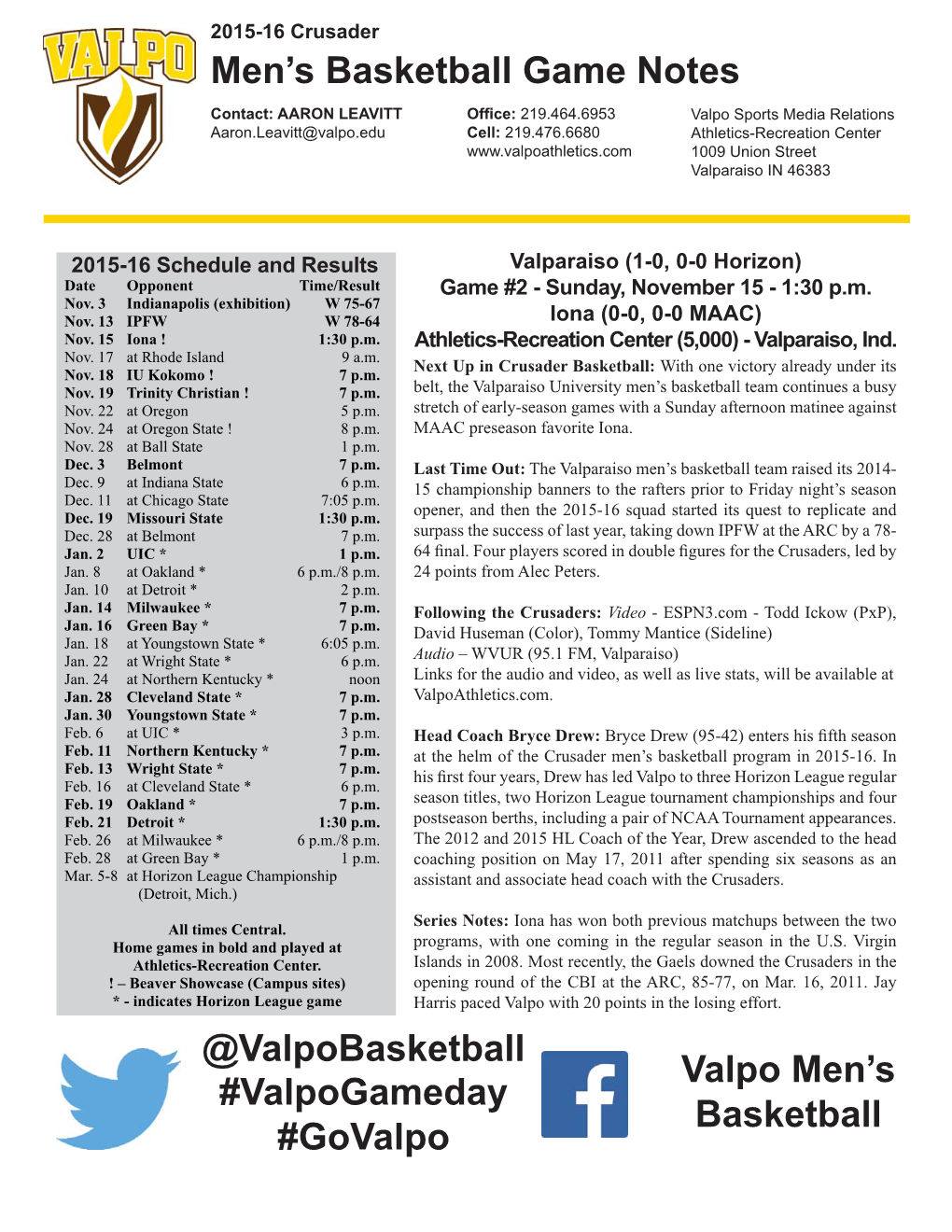 Men's Basketball Game Notes @Valpobasketball Valpo Men's