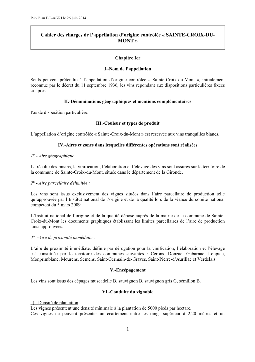 Cahier Des Charges De L'appellation D'origine Contrôlée Sainte-Croix-Du