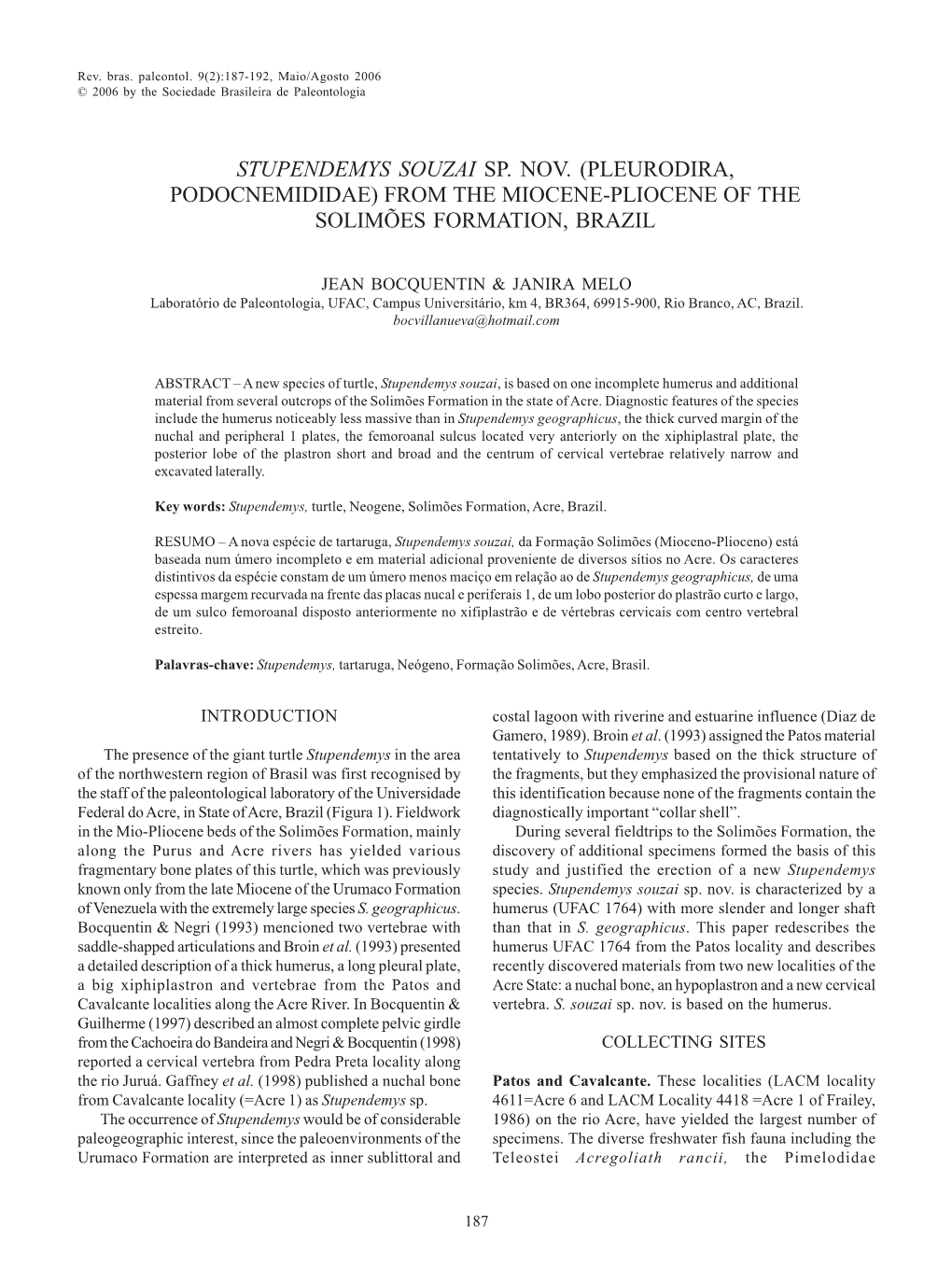 Stupendemys Souzai Sp. Nov. (Pleurodira, Podocnemididae) from the Miocene-Pliocene of the Solimões Formation, Brazil