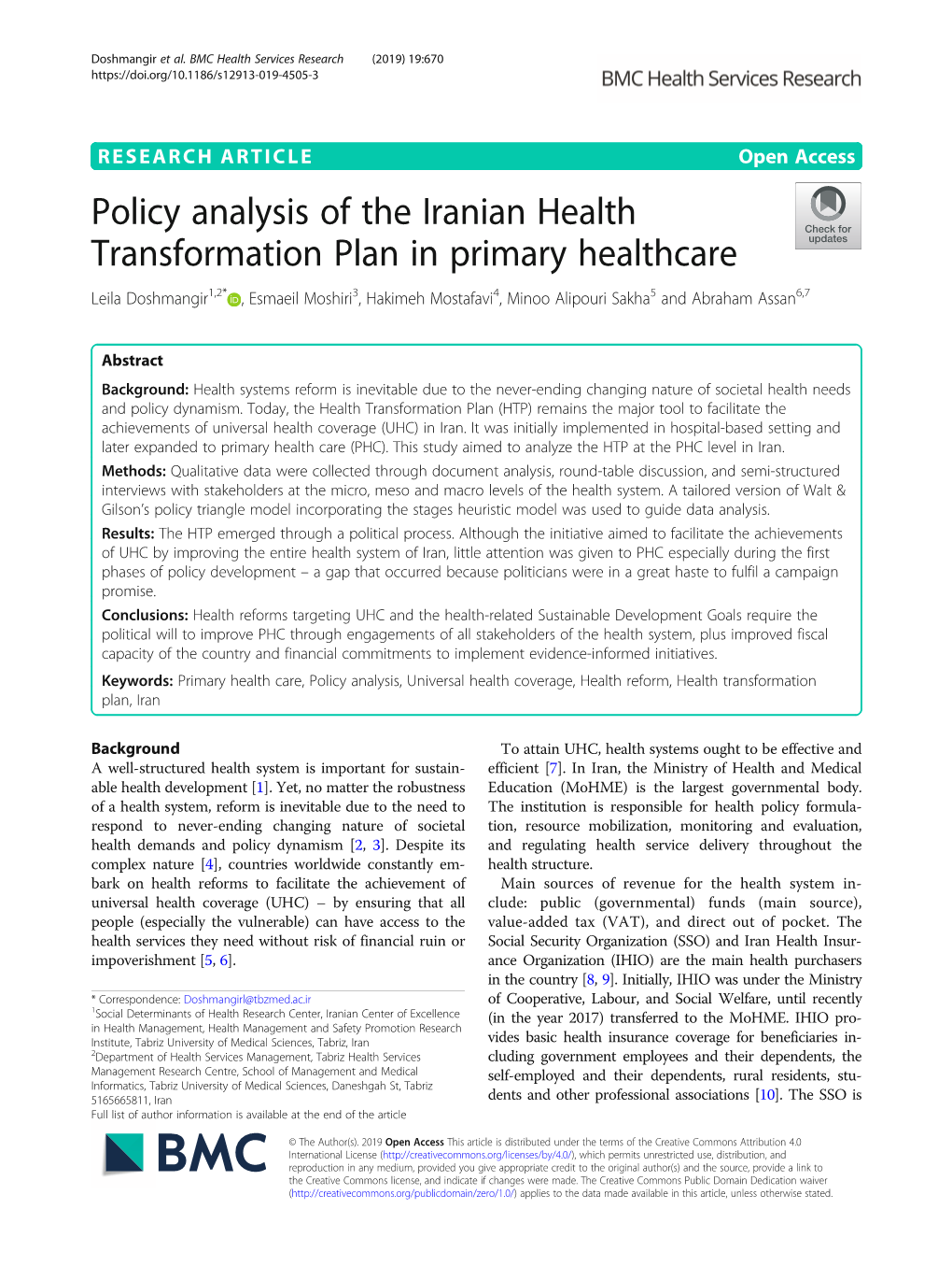 Policy Analysis of the Iranian Health Transformation Plan in Primary