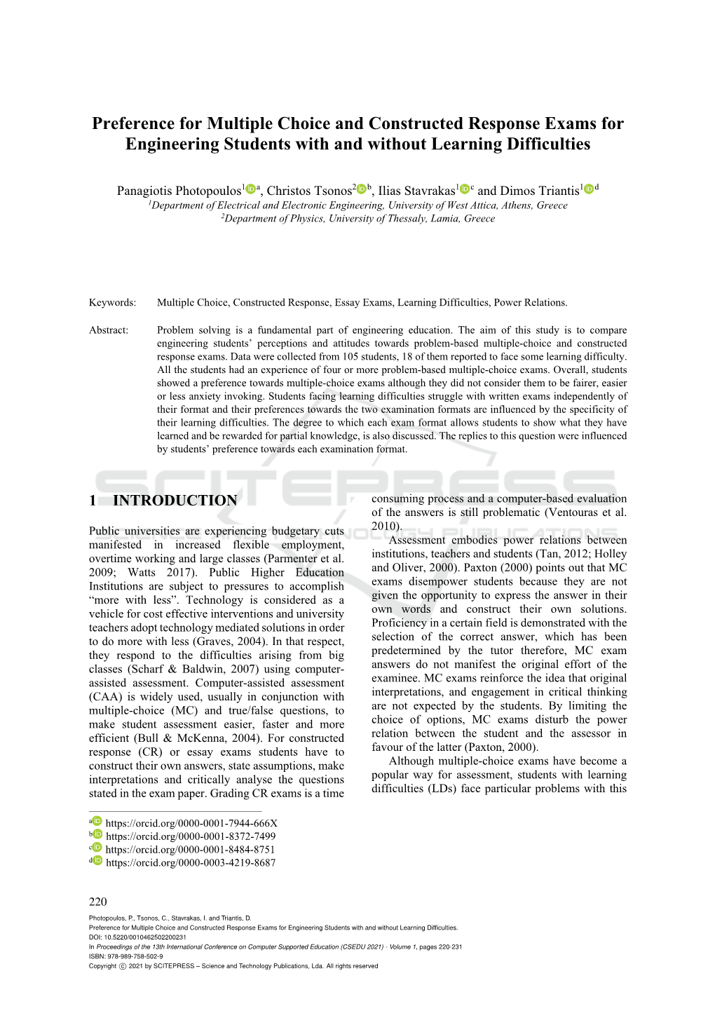 Preference for Multiple Choice and Constructed Response Exams for Engineering Students with and Without Learning Difficulties