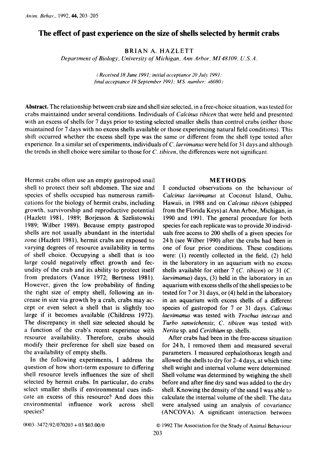 The Effect of Past Experience on the Size of Shells Selected by Hermit Crabs