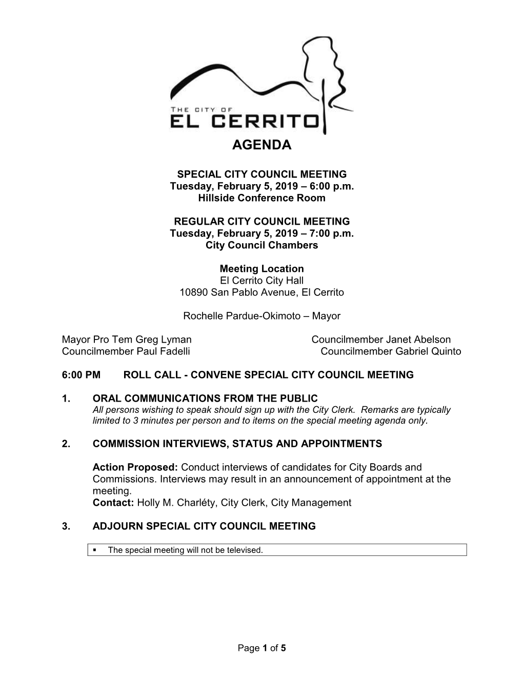 SPECIAL CITY COUNCIL MEETING Tuesday, February 5, 2019 – 6:00 P.M