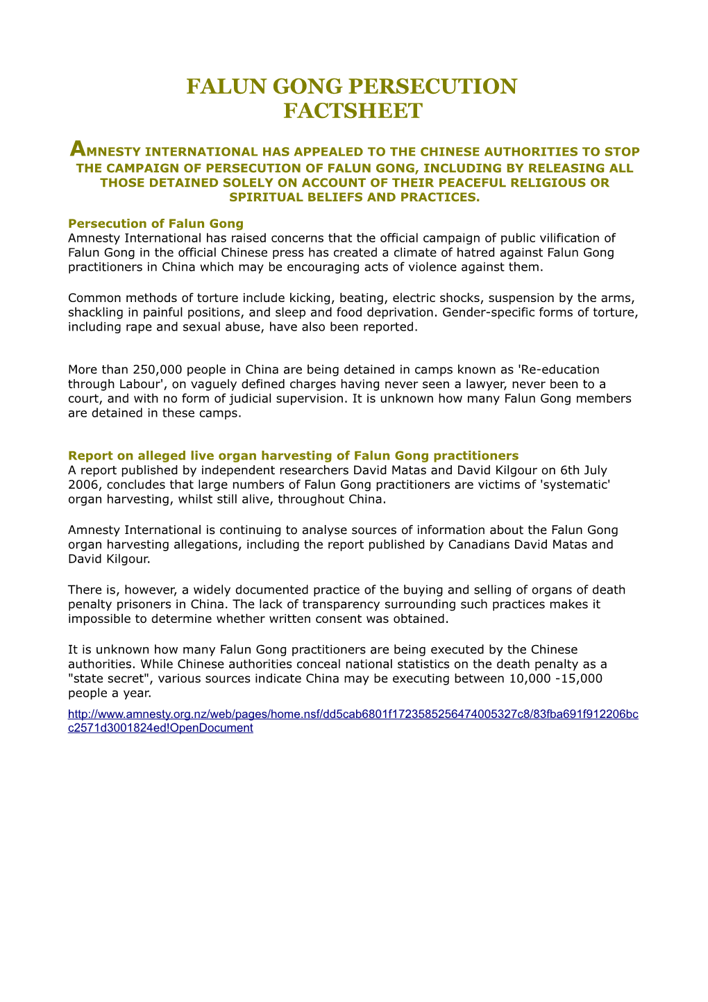 Falun Gong Persecution Factsheet