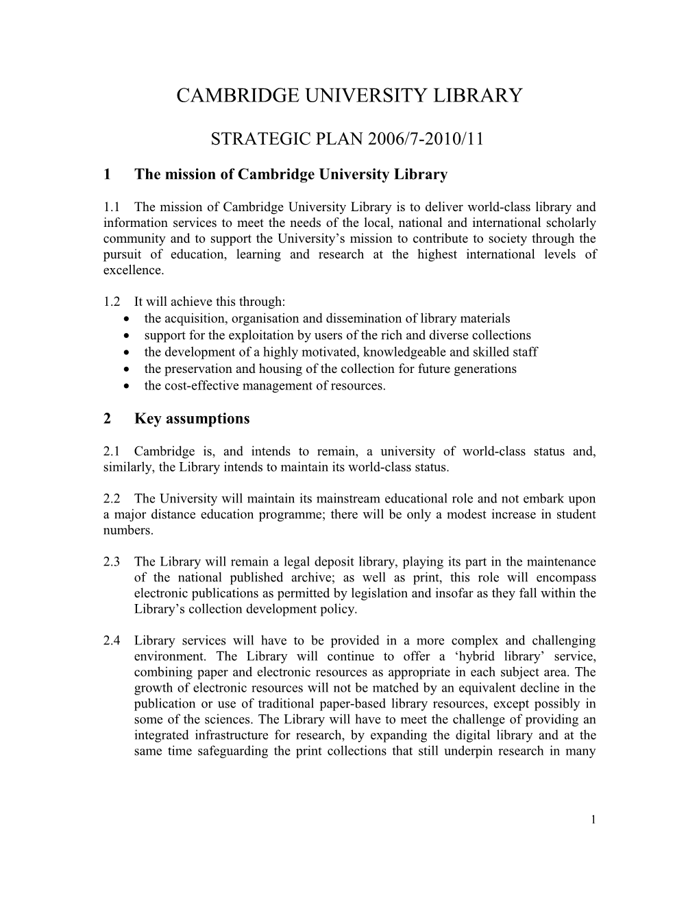 Cambridge University Library Strategy 2005-2010: Headings