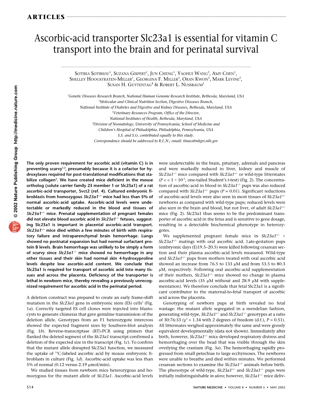 Ascorbic-Acid Transporter Slc23a1 Is Essential for Vitamin C Transport Into the Brain and for Perinatal Survival