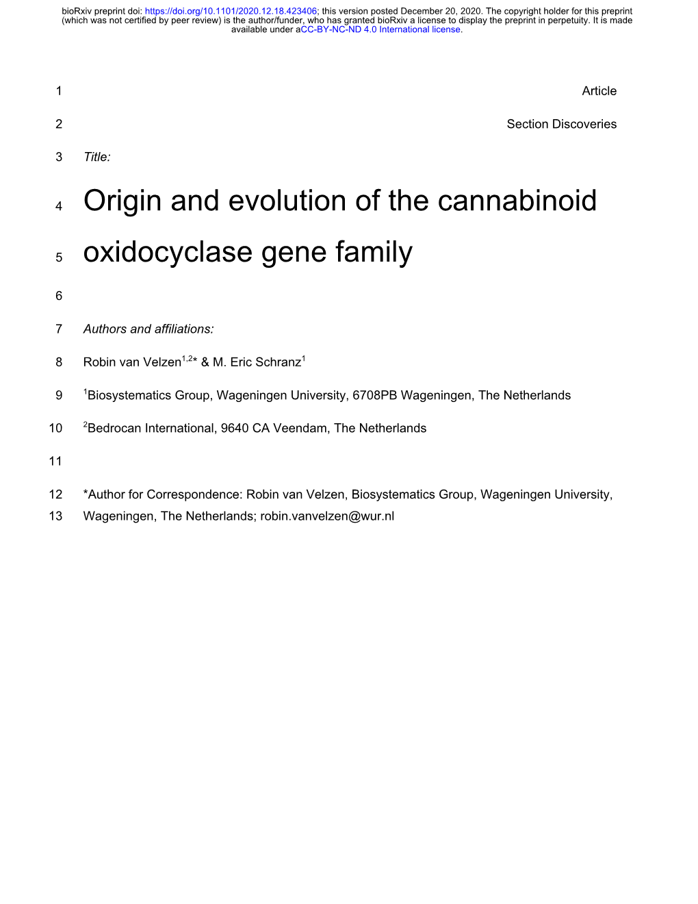 Origin and Evolution of the Cannabinoid Oxidocyclase Gene