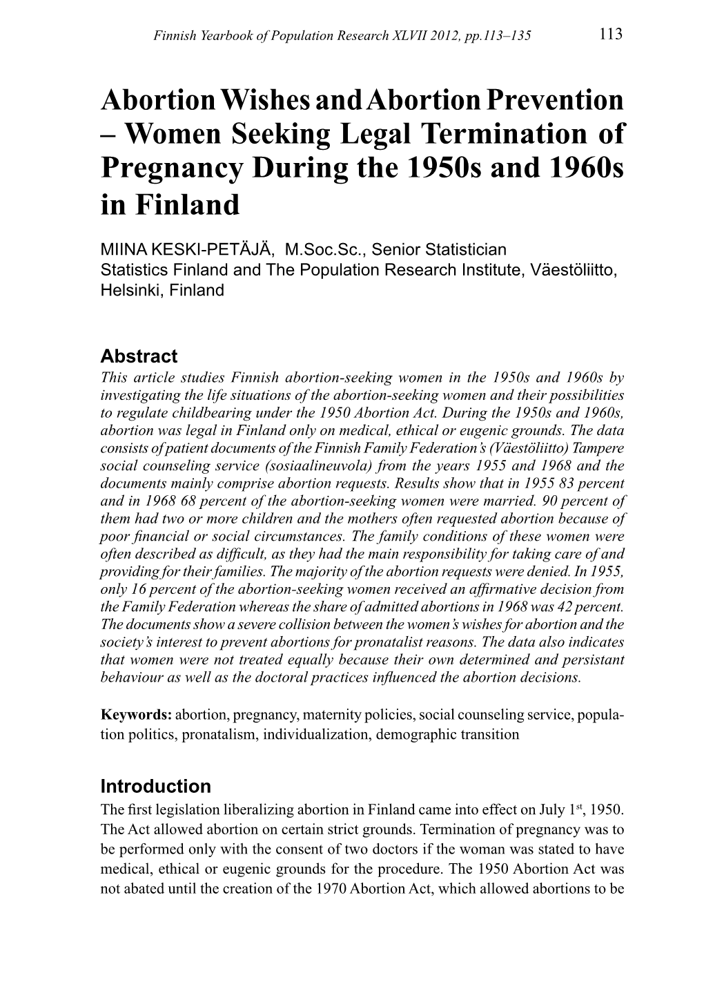 Abortion Wishes and Abortion Prevention – Women Seeking Legal Termination of Pregnancy During the 1950S and 1960S in Finland