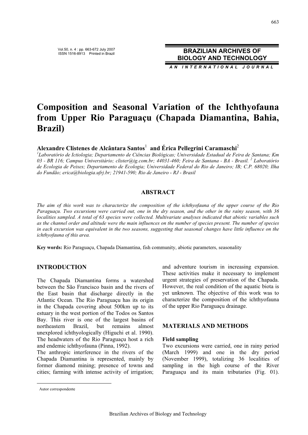 Composition and Seasonal Variation of the Ichthyofauna from Upper Rio Paraguaçu (Chapada Diamantina, Bahia, Brazil)