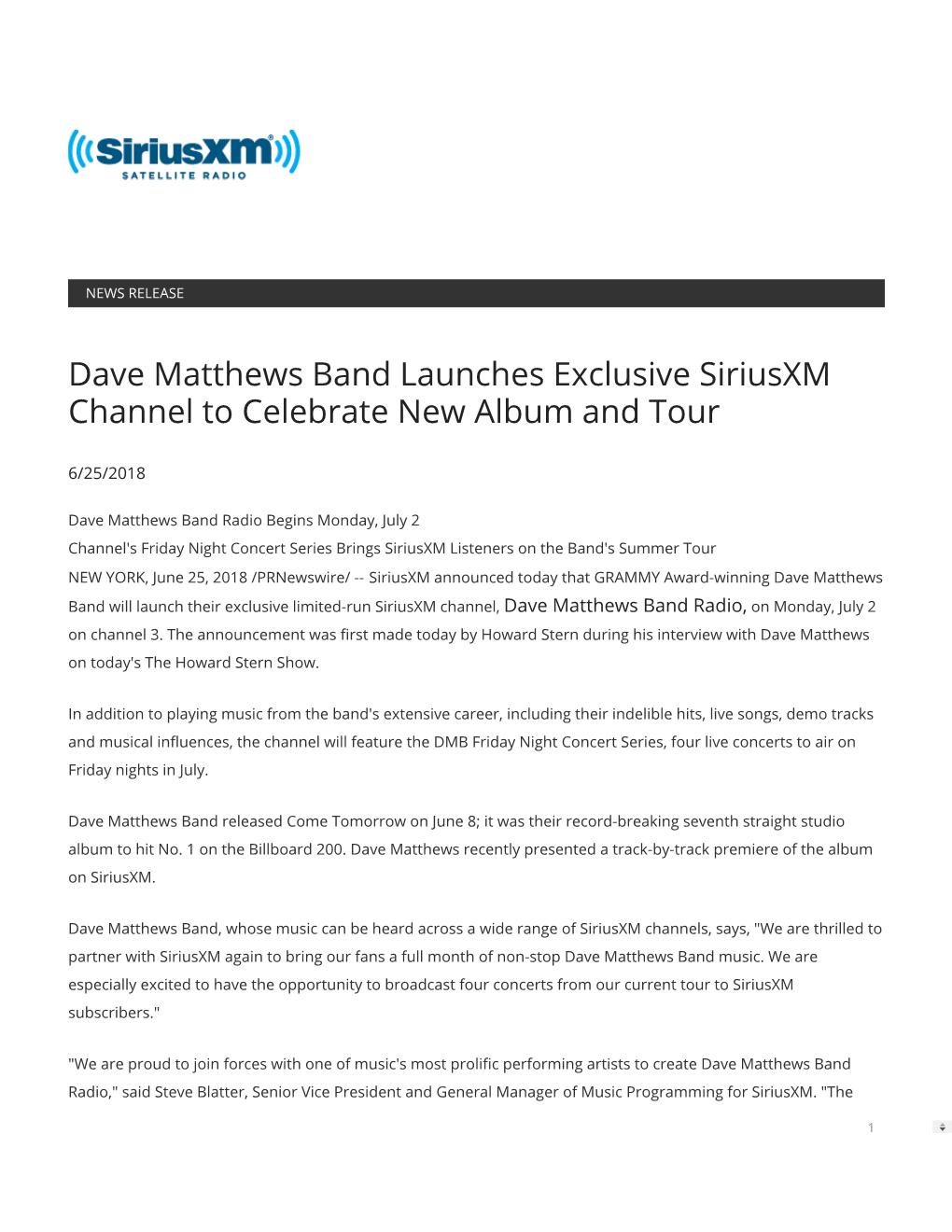 Dave Matthews Band Launches Exclusive Siriusxm Channel to Celebrate New Album and Tour