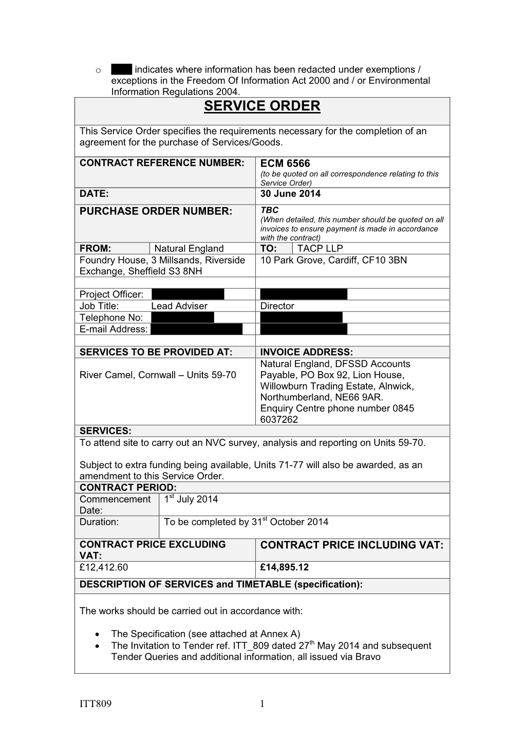 Redacted Service Order for River Camel NVC Survey Ecm6566