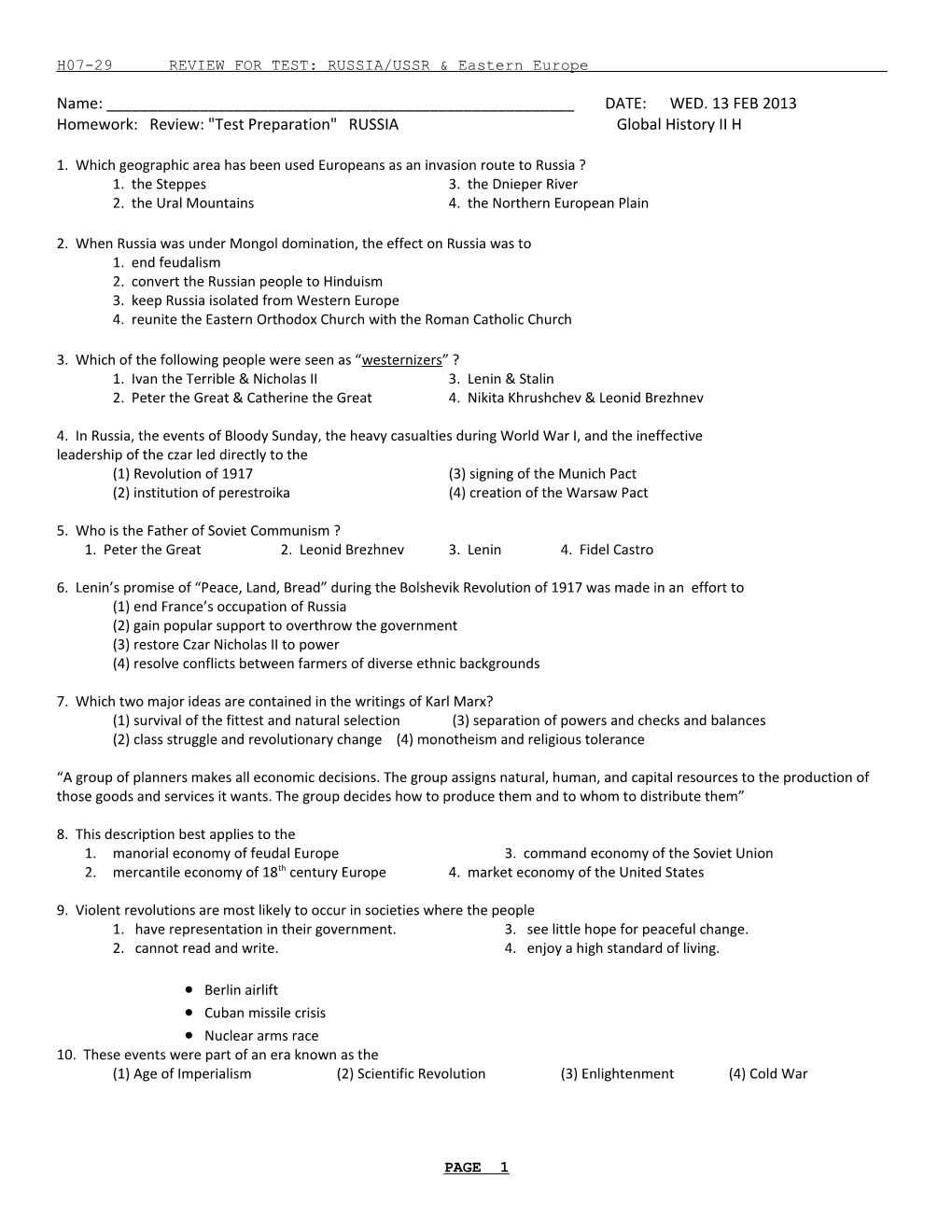 H07-29 REVIEW for TEST: RUSSIA/USSR & Eastern Europe