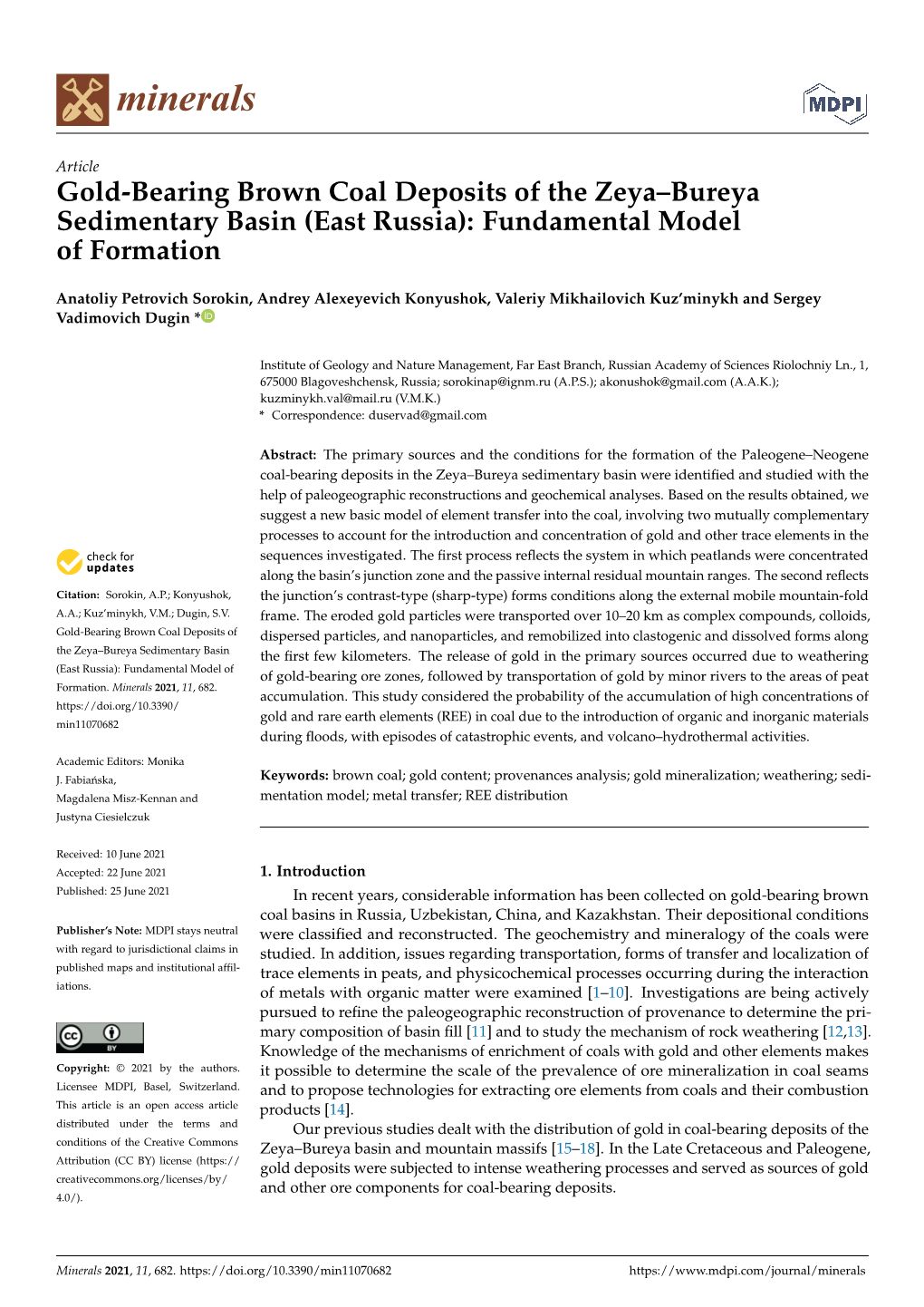 Gold-Bearing Brown Coal Deposits of the Zeya–Bureya Sedimentary Basin (East Russia): Fundamental Model of Formation