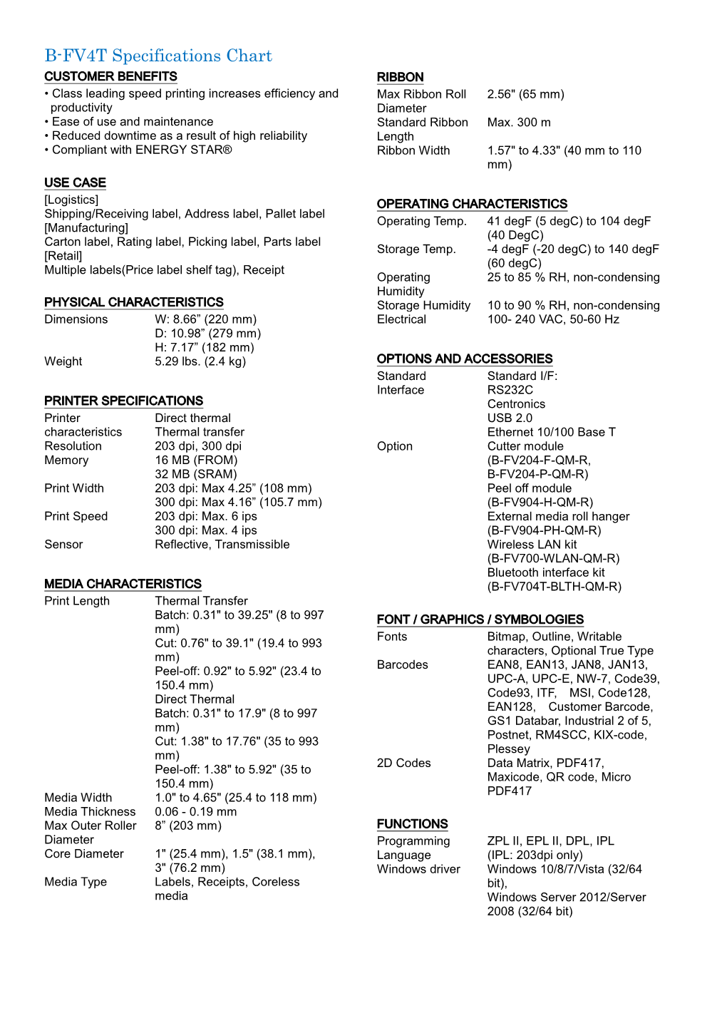 B-FV4T Specifications Chart