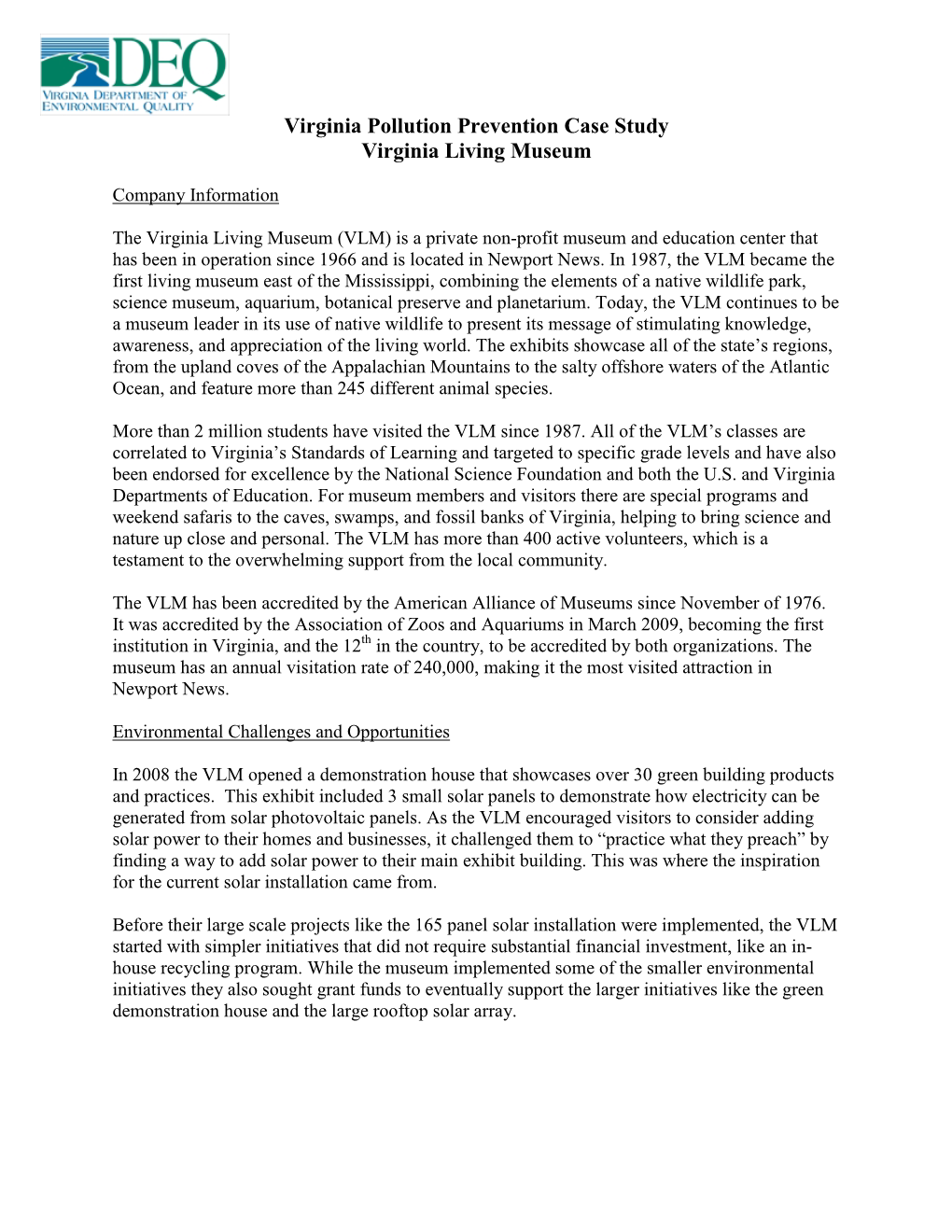 Virginia Pollution Prevention Case Study Virginia Living Museum