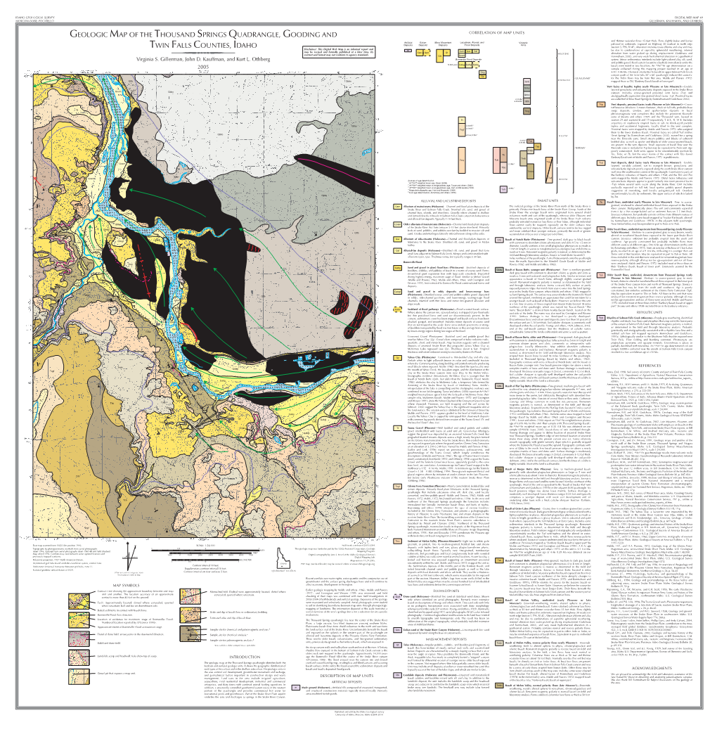 GEOLOGIC MAP of the THOUSAND SPRINGS QUADRANGLE, GOODING and CORRELATION of MAP UNITS and Thinner Vesicular Flows 15 Feet Thick