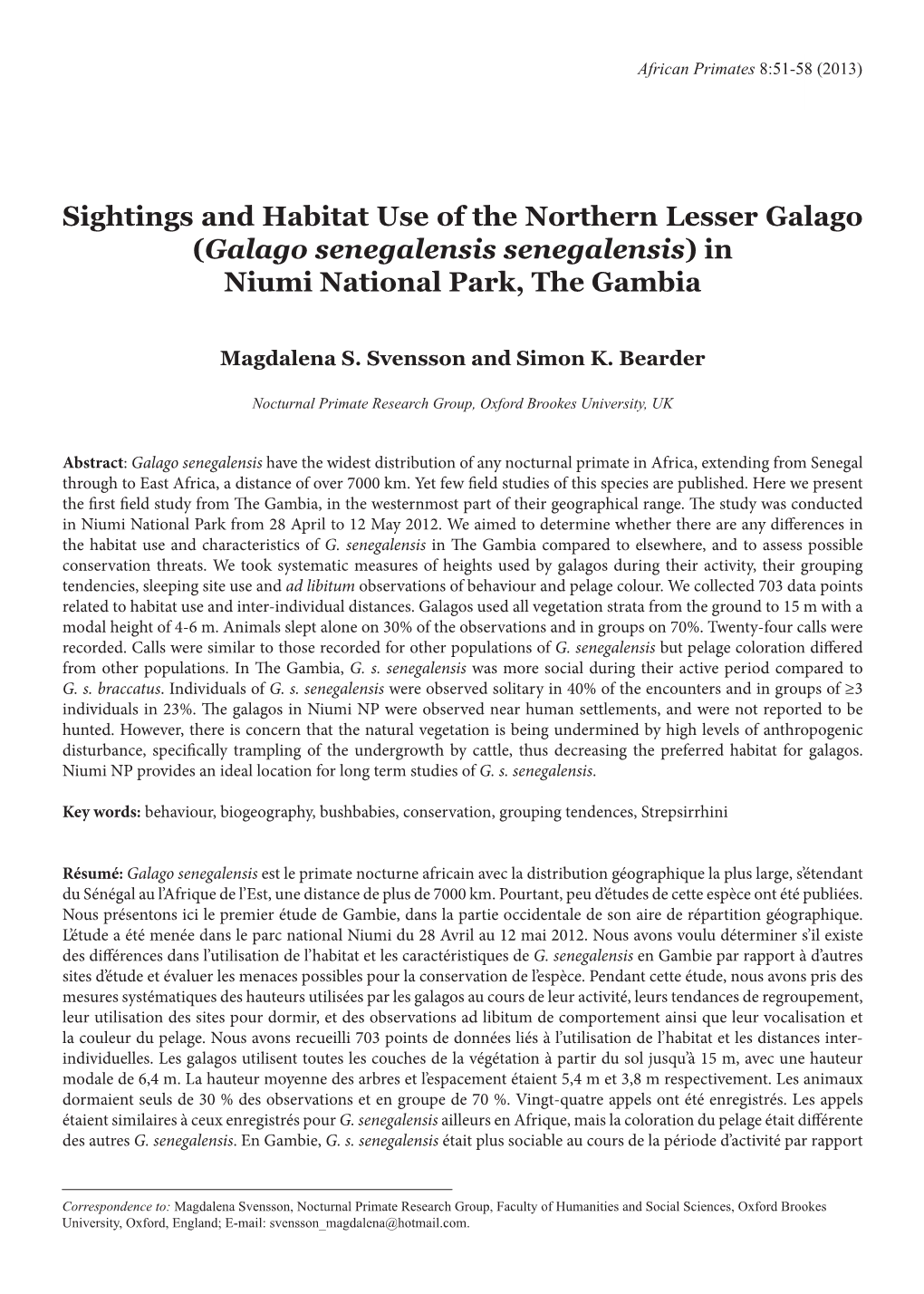 Sightings and Habitat Use of the Northern Lesser Galago (Galago Senegalensis Senegalensis) in Niumi National Park, the Gambia