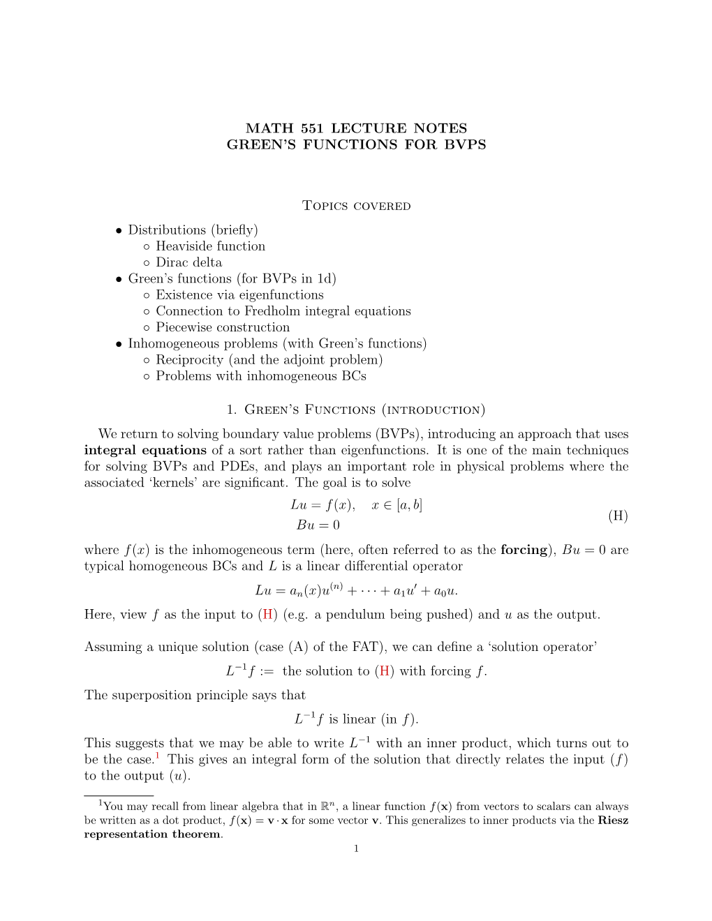 Math 551 Lecture Notes Green's Functions for Bvps