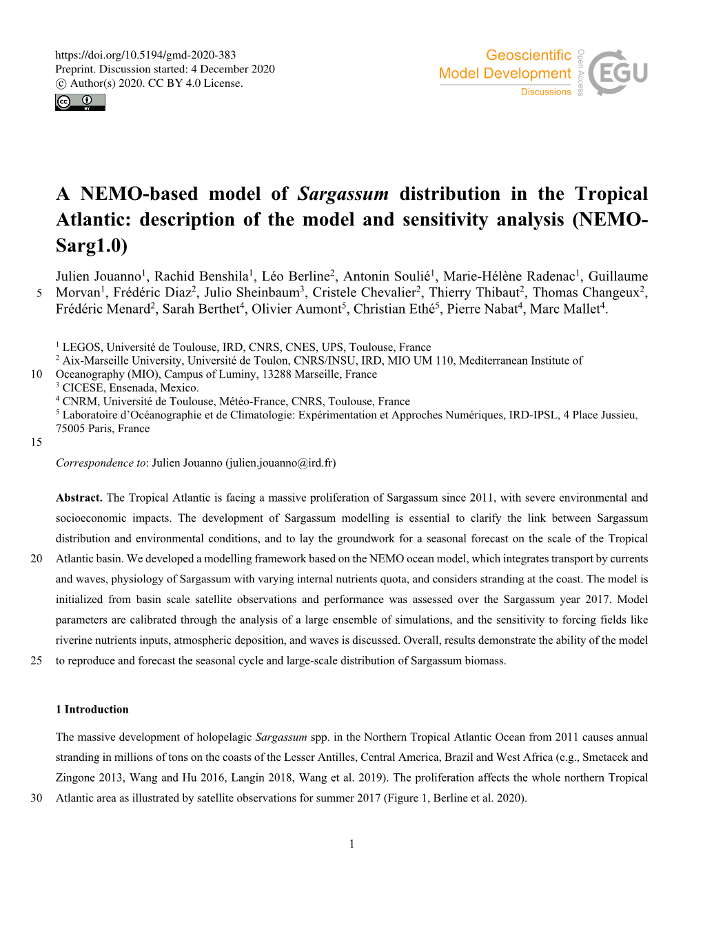 A NEMO-Based Model of Sargassum Distribution in the Tropical Atlantic