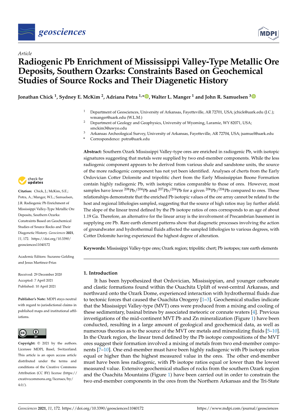 Radiogenic Pb Enrichment of Mississippi Valley-Type Metallic Ore Deposits, Southern Ozarks