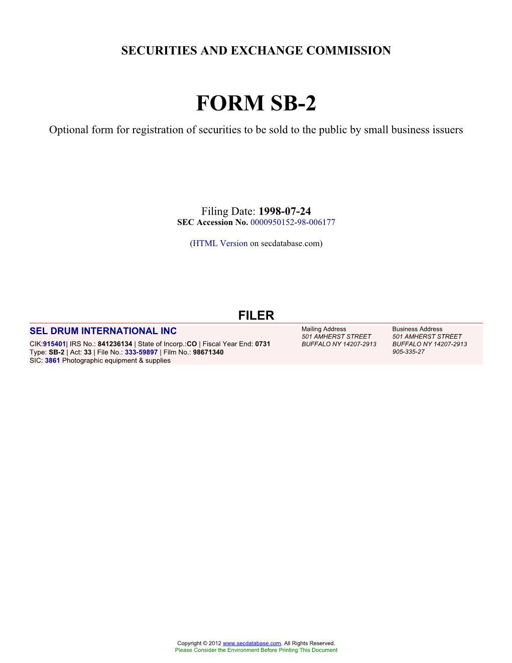 FORM SB-2 Optional Form for Registration of Securities to Be Sold to the Public by Small Business Issuers