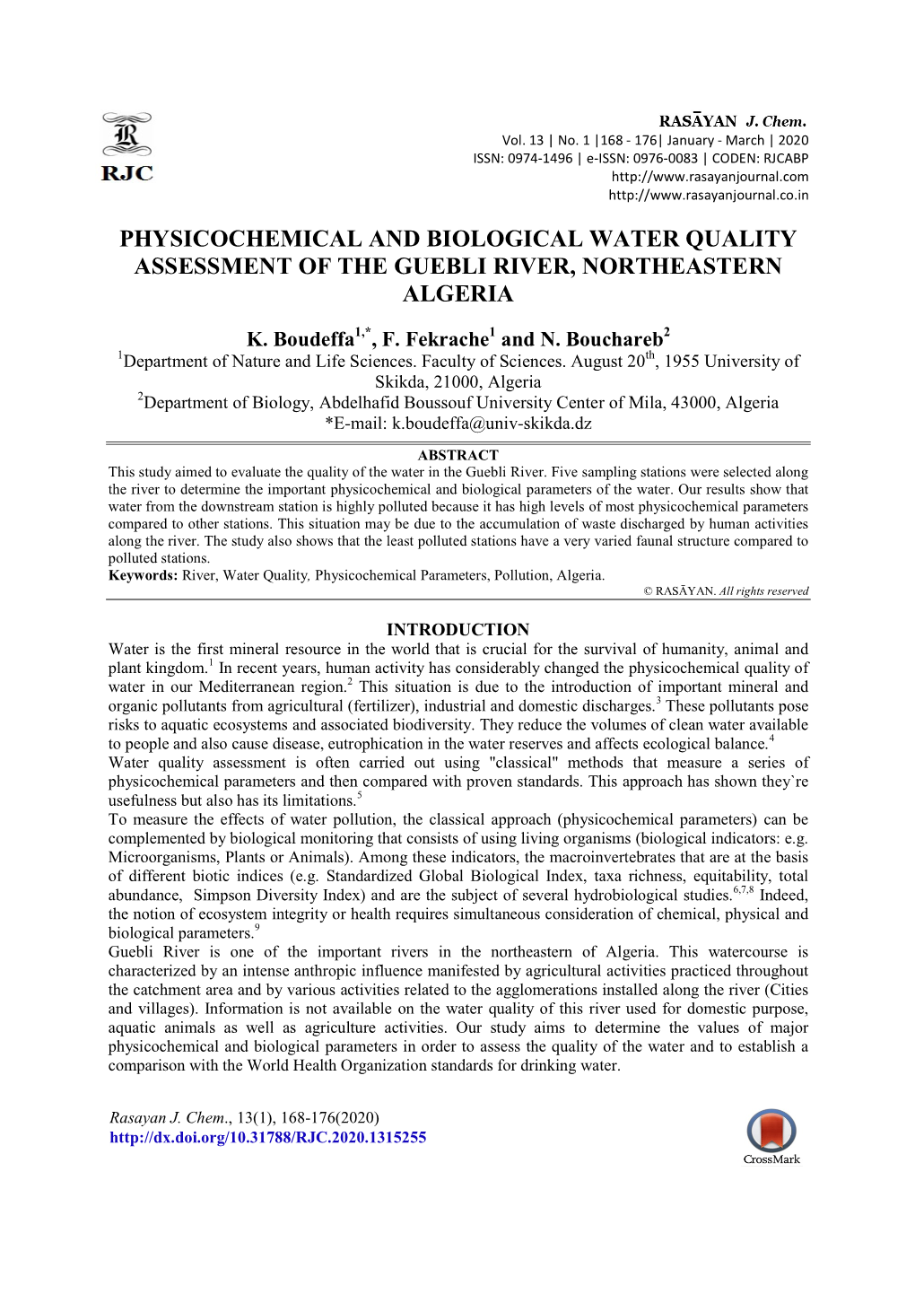 Physicochemical and Biological Water Quality Assessment of the Guebli River, Northeastern Algeria