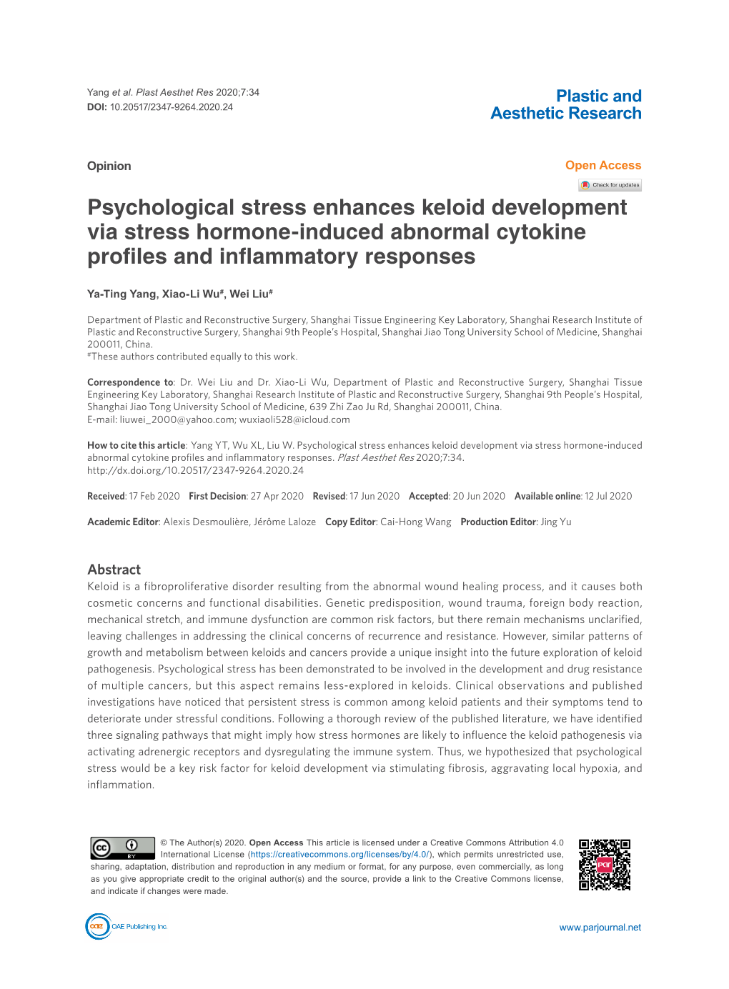 Psychological Stress Enhances Keloid Development Via Stress Hormone-Induced Abnormal Cytokine Profiles and Inflammatory Responses